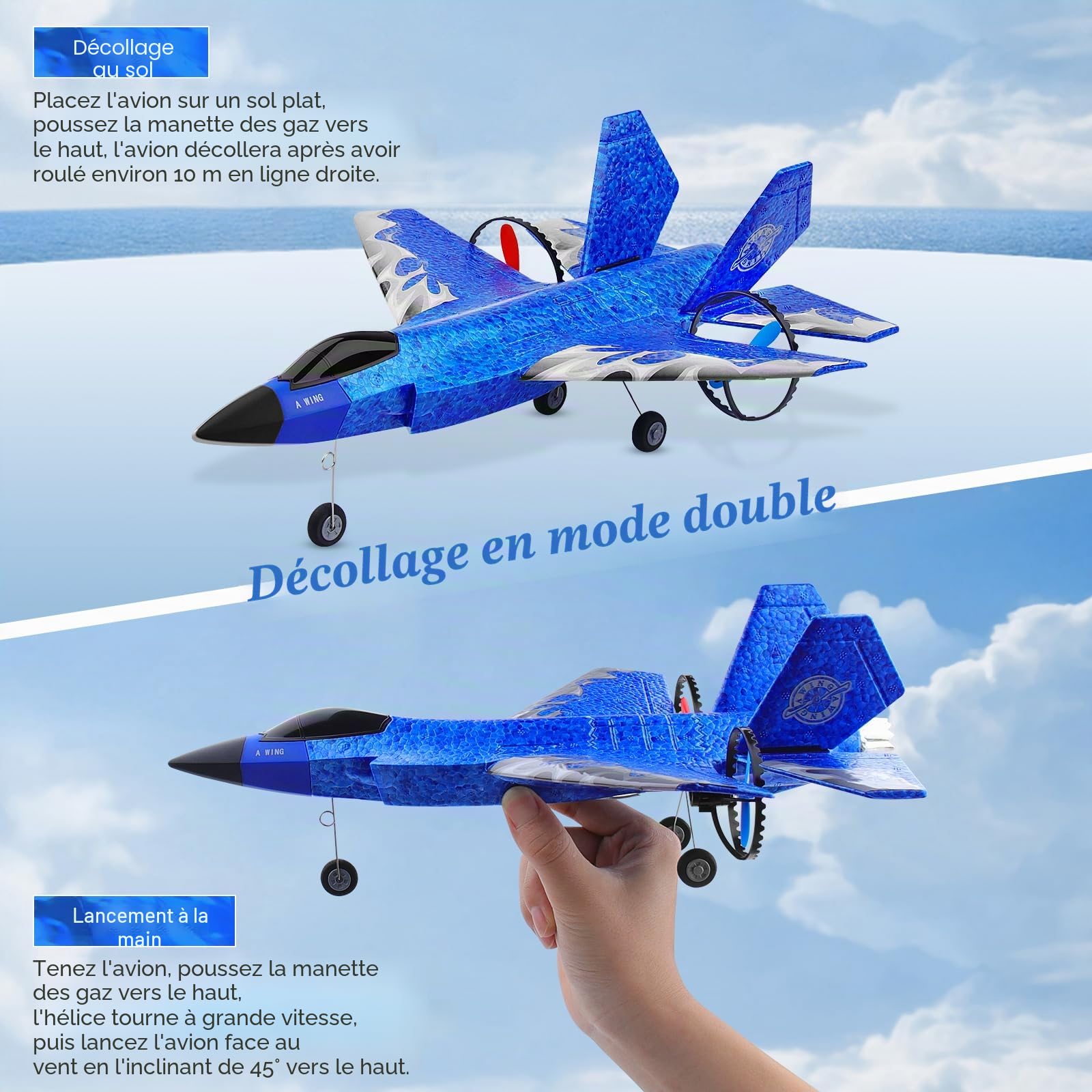 Henakmsl Avion radiocommandé F35 2CH HW39 Fighter 2,4 GHz RTF pour débutants, enfants et adultes avec veilleuse, chargement USB (bleu)