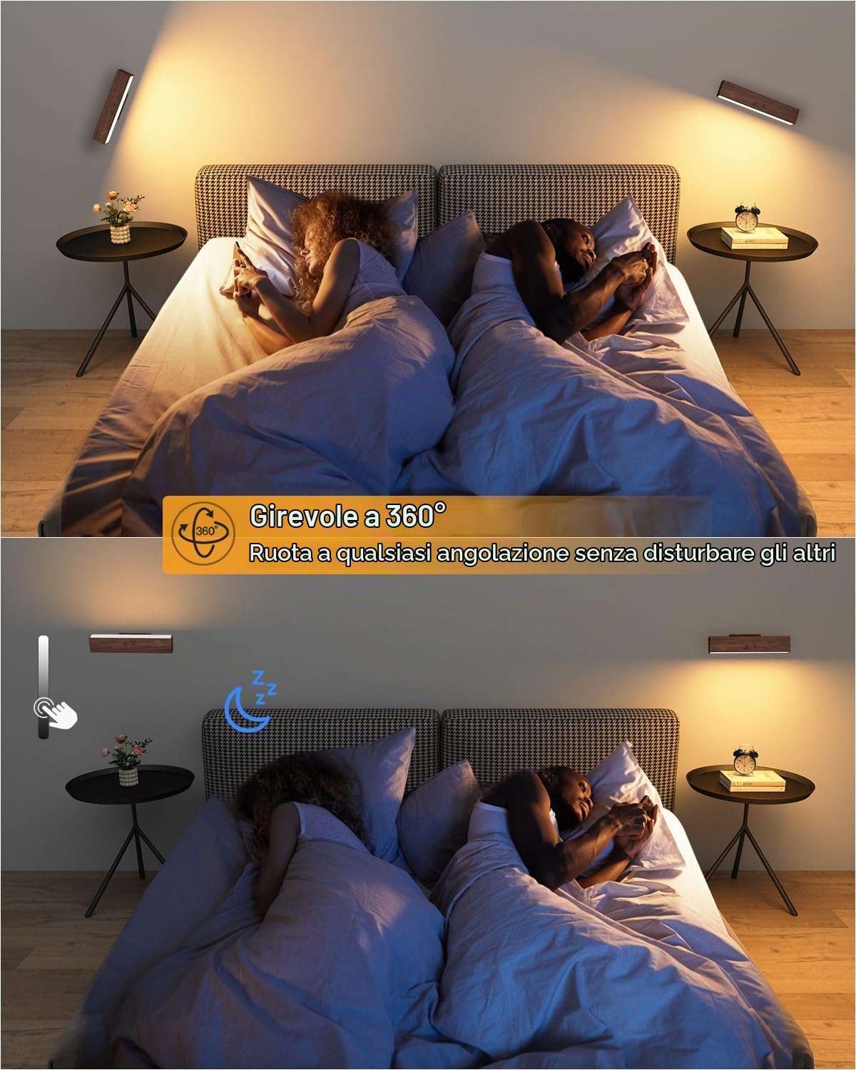 DetarZinLED Bois Applique Murale Sans Fil Rechargeable Noyer Noir Lot de 2
