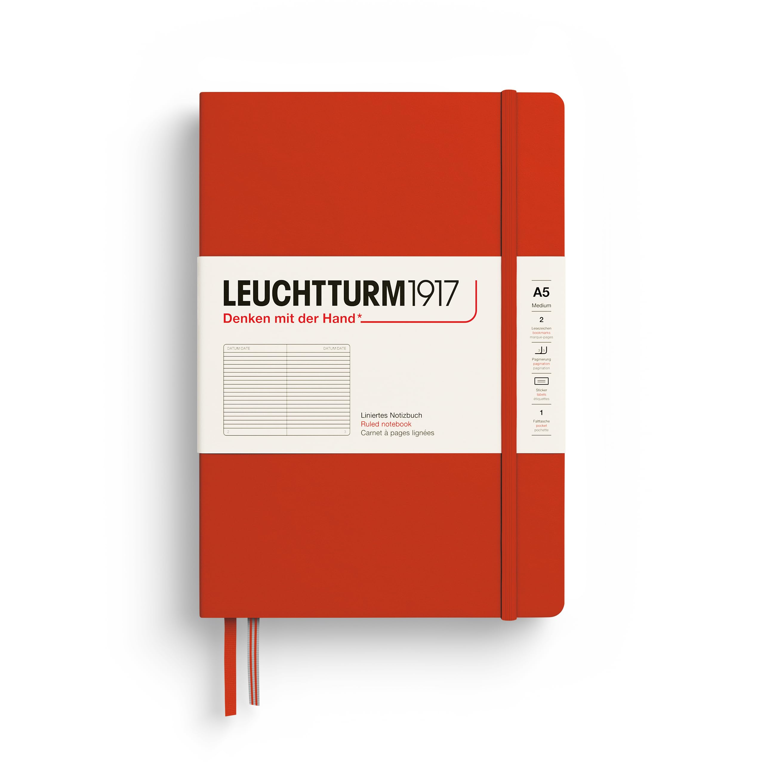 LEUCHTTURM1917 367252 Notebook Medium (A5), Hardcover, 251 Numbered Pages, Fox Red, Ruled