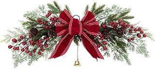 Topotdor Christmas Pine Swag with Ribbon Bow for Front Door, 25.6" Artificial Greenery Wreath with Pine Cones & Red Berries for Indoor Outdoor Window Wall Home Holiday Decor