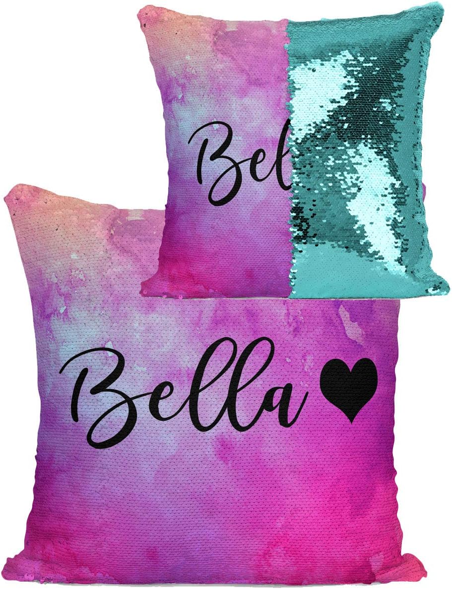Violet Victoria & Fan Star Personalized Reversible Sequin Mermaid Flip Pillow Customized with Heart on an Aqua Satin Sequin Pillowcase