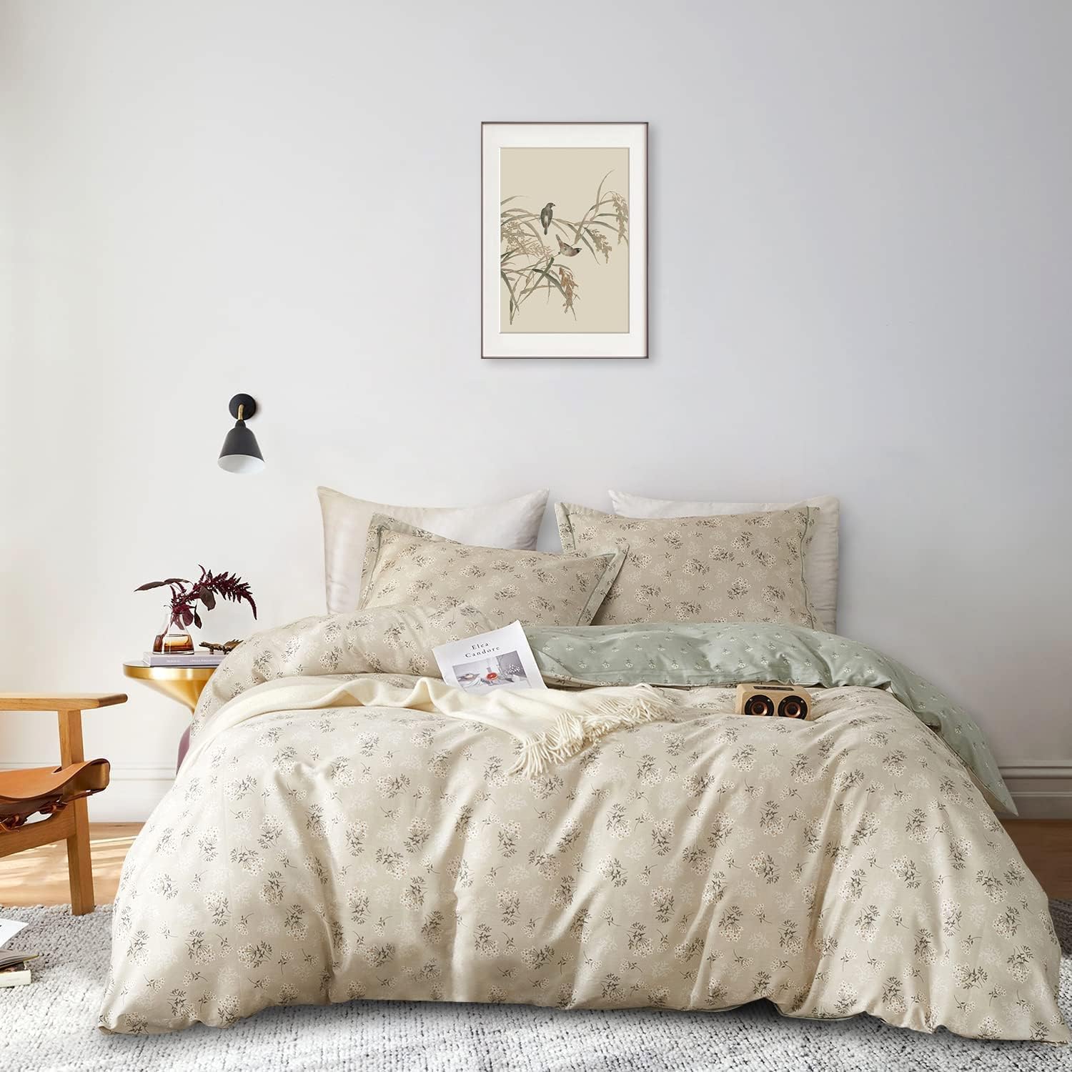 Boho Floral Duvet Cover Full Size Cotton Aesthetic Bedding Sets Garden Beige Comforter Chic Botanical Reversible Green with Zipper