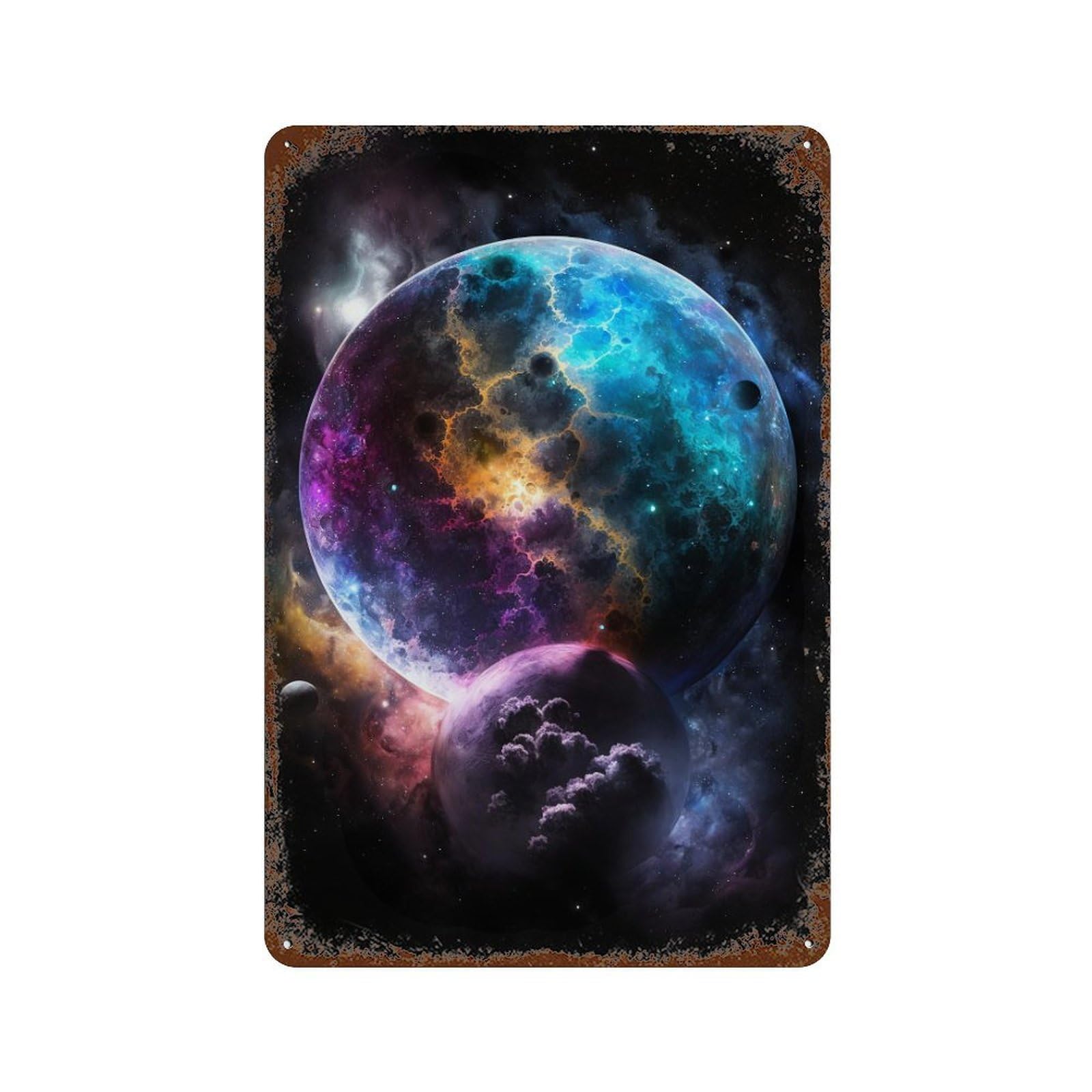 Cosmic Fantasy Planet Rust Effect Tin Sign 11.8"x7.9", Retro Wall Decor for Pub, Kitchen And Man Cave Decor