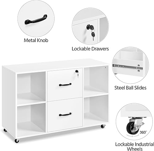 Miniatura 4 de Yaheetech Archivador móvil de tamaño carta blanco con 2 cajones y 4 estantes de almacenamiento abiertos, archivador lateral móvil grande para el