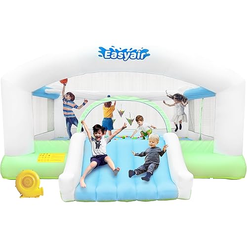 Large Bounce House for Big Kids, 14.8 x 14.5 FT Inflatable Bouncer Jumper Slide with 650W Blower, Basketball Hoop, Throw Ball Game, Ball Pits (White, White, 177" L x 174" W x 94" H)