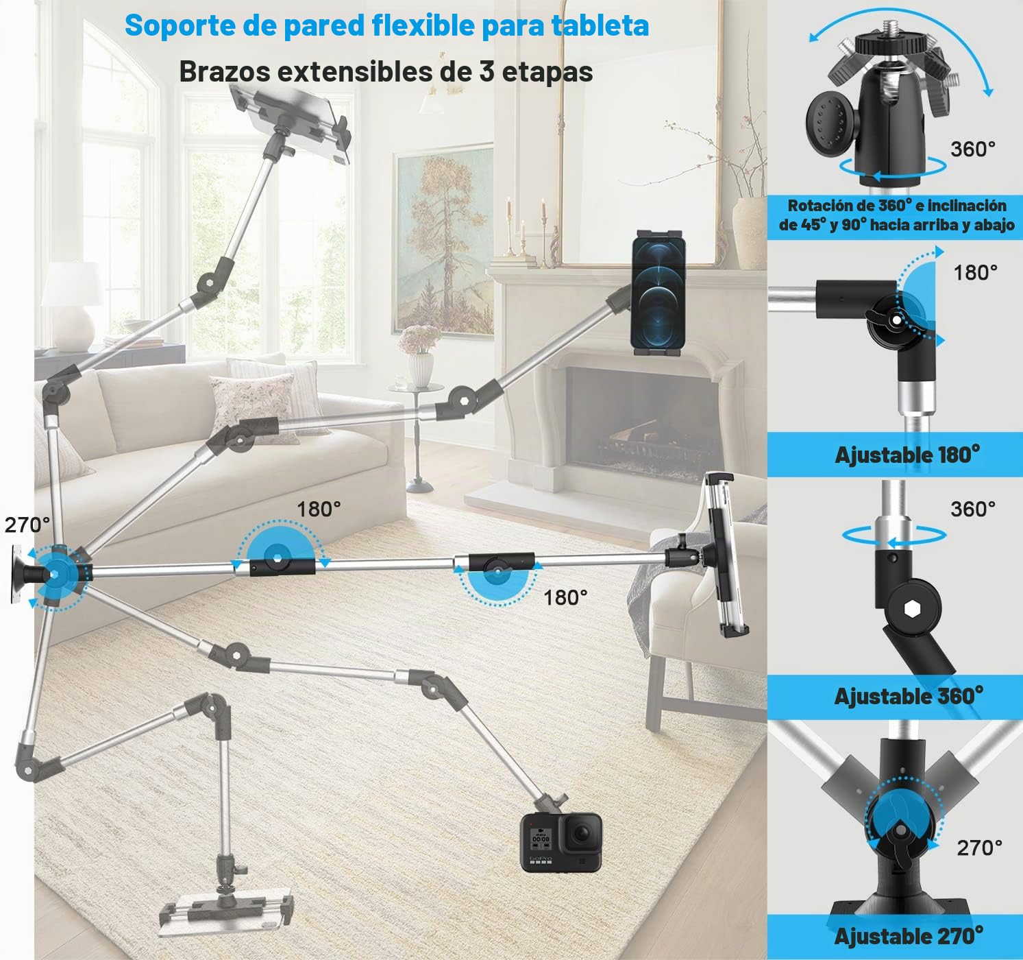 Soporte Tablet Pared Brazo Largo Metal [Brazo de Aluminio 95 cm] | Ajustable Soporte Pared Tablet Taladro con Brazo Plegable, para iPad Pro Air Mini, Galaxy, Surface, Switch, iPhone, 4-13"