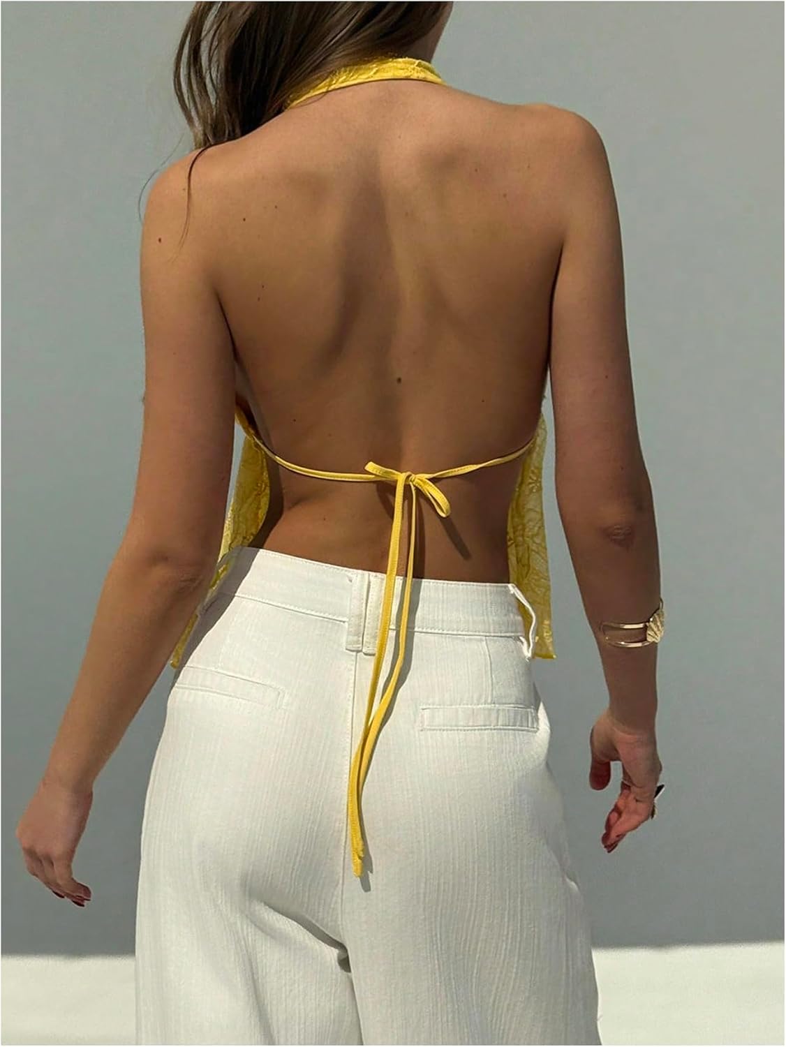 MakeMeChic Women's Floral Lace Open Back Halter Top Ruffle Summer Y2K Crop Tops - Image 3