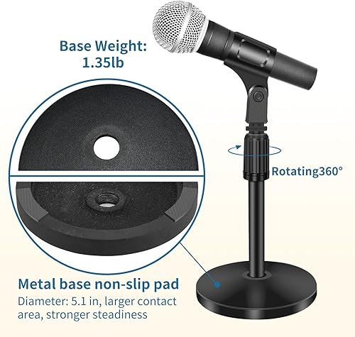 Miniatura 3 de Soporte de micrófono de escritorio, soporte de micrófono ajustable, 5.1 pulgadas de diámetro, base de mesa, soporte de micrófono con clip de