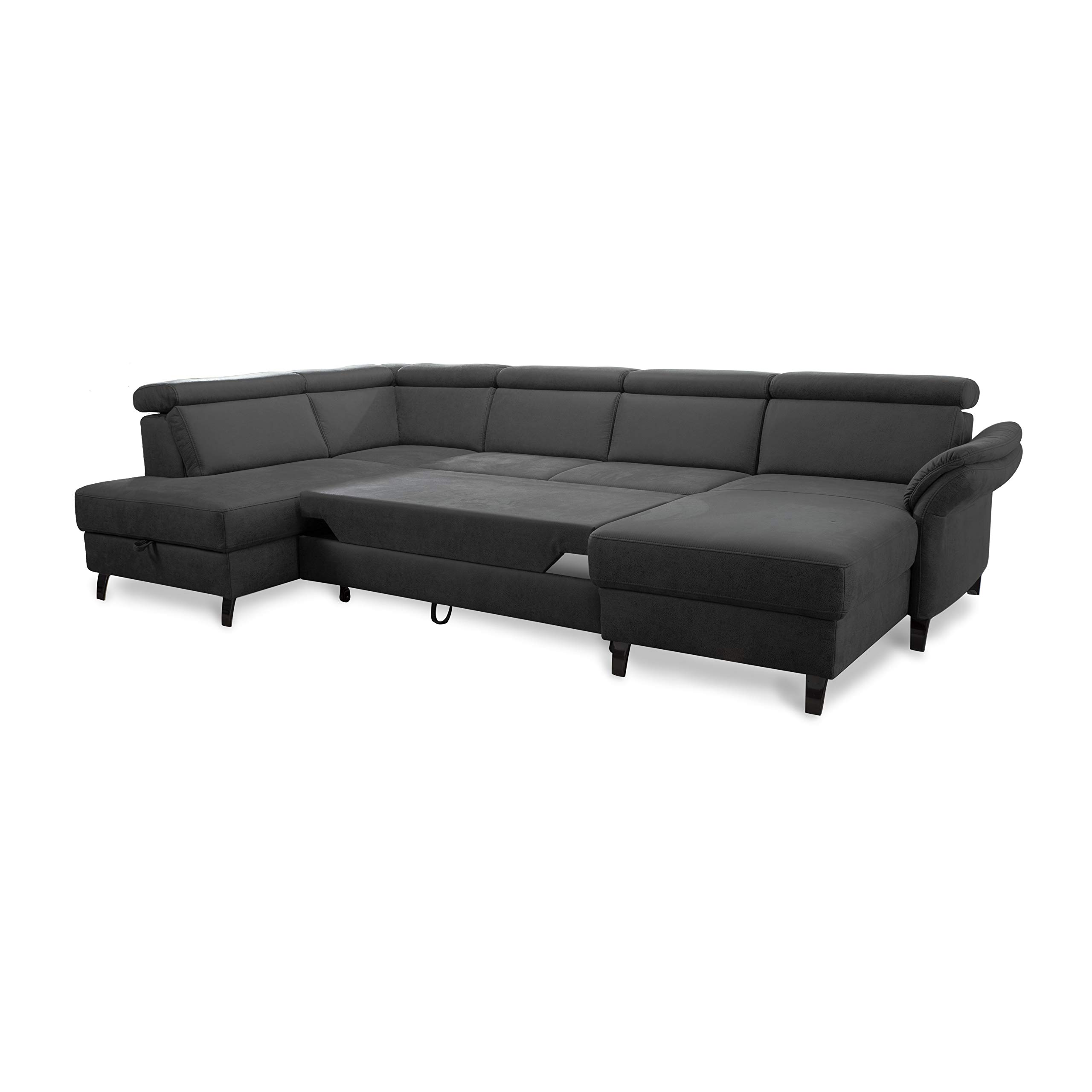 Cavadore Wohnlandschaft Ammerland mit Federkern, Schlafsofa mit Bettfunktion und Bettkasten, inkl. Kopfteilverstellung, 317 x 84 x 193, lederoptik dunkelgrau
