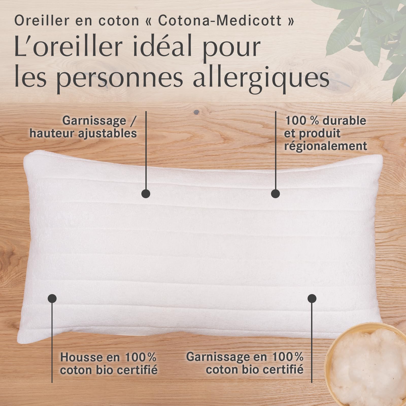 allnatura Cotona-Medicott Oreiller en Coton 40x80 cm - 100% Coton Bio pour Les Allergies - dormeurs sur Le côté et sur Le Dos - Hauteur Adaptable & Lavable en Machine - fabriqué en Allemagne