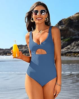 【NONCODE】Flowy Color Matching Ribbed One Piece Charmo Ribbed One Piece Swimsuits for Women Cutout Scoop