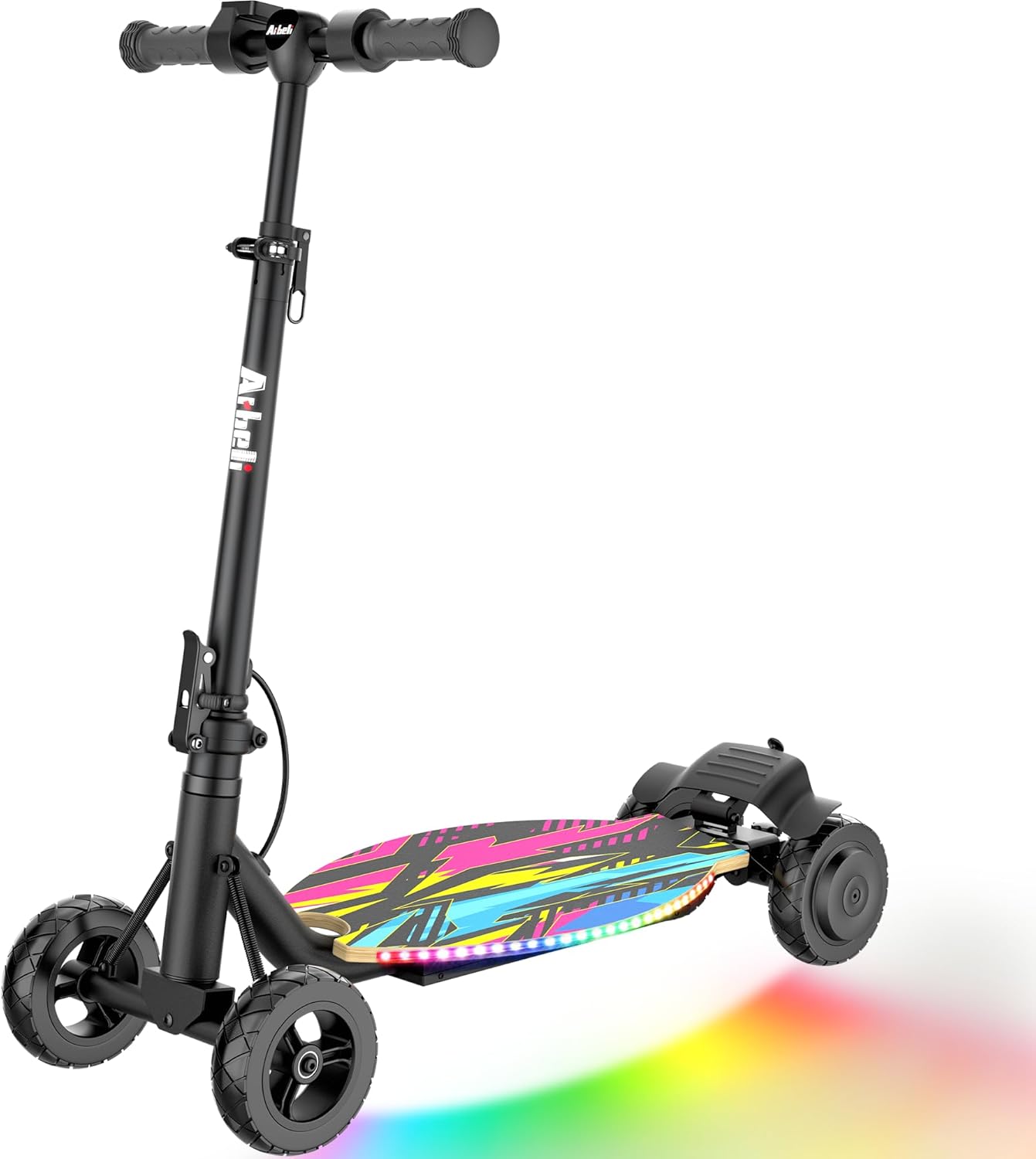 4-Wheel Electric Scooter for Kids w/ 250W Motor | Max 10 MPH & 8.5 Miles | Rainbow Lights, LED Display, 5 Speeds & Adjustable Deck Balance | Foldable, UL-2272 Certified
