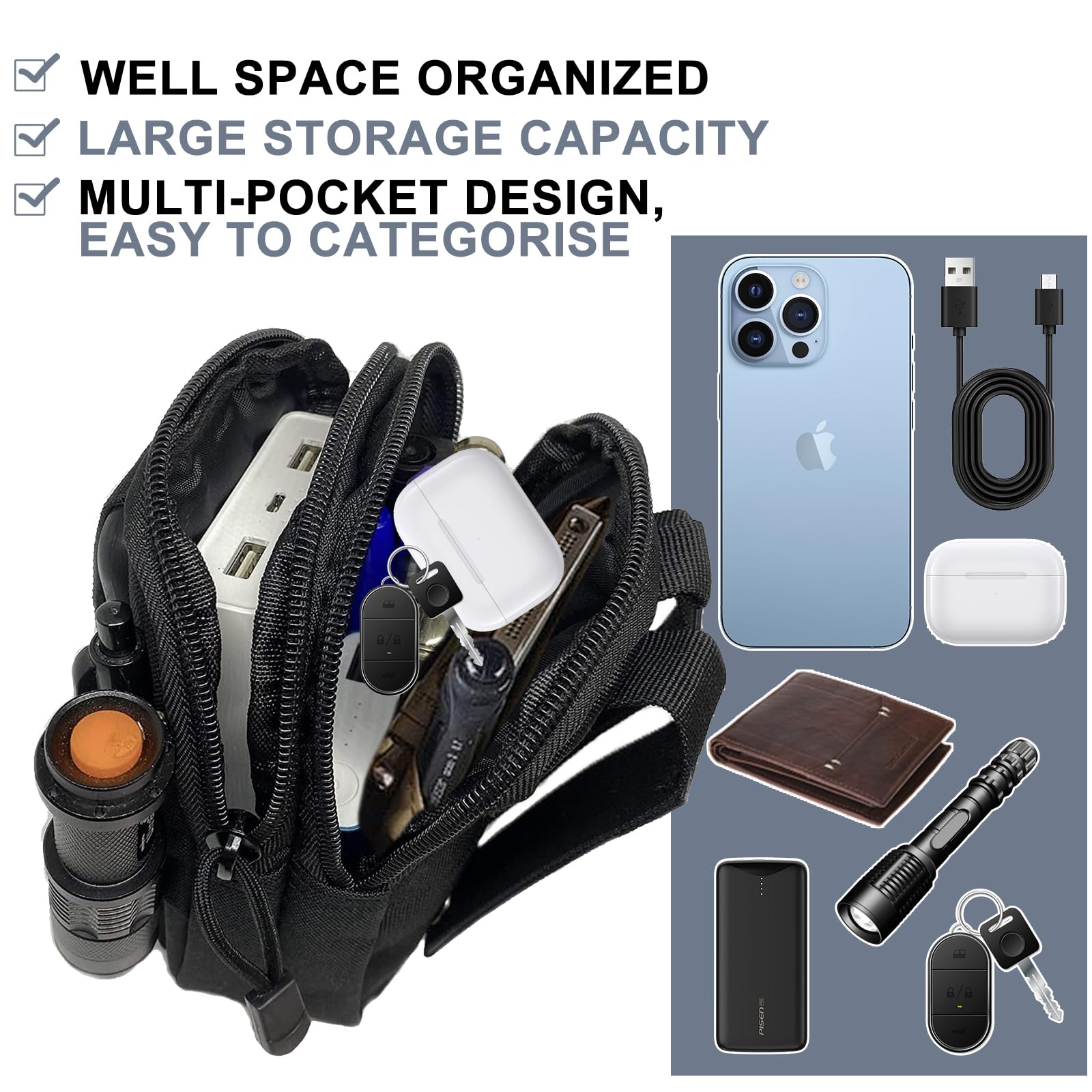 2 Piezas Bolsa Cintura Táctica, Molle Pouches Compacta Riñoneras Hombre EDC Bolsa Nylon Bolsa de Teléfono Bolsas Molle Tácticas Impermeable para Senderismo, Camping, Viajes, Ciclismo