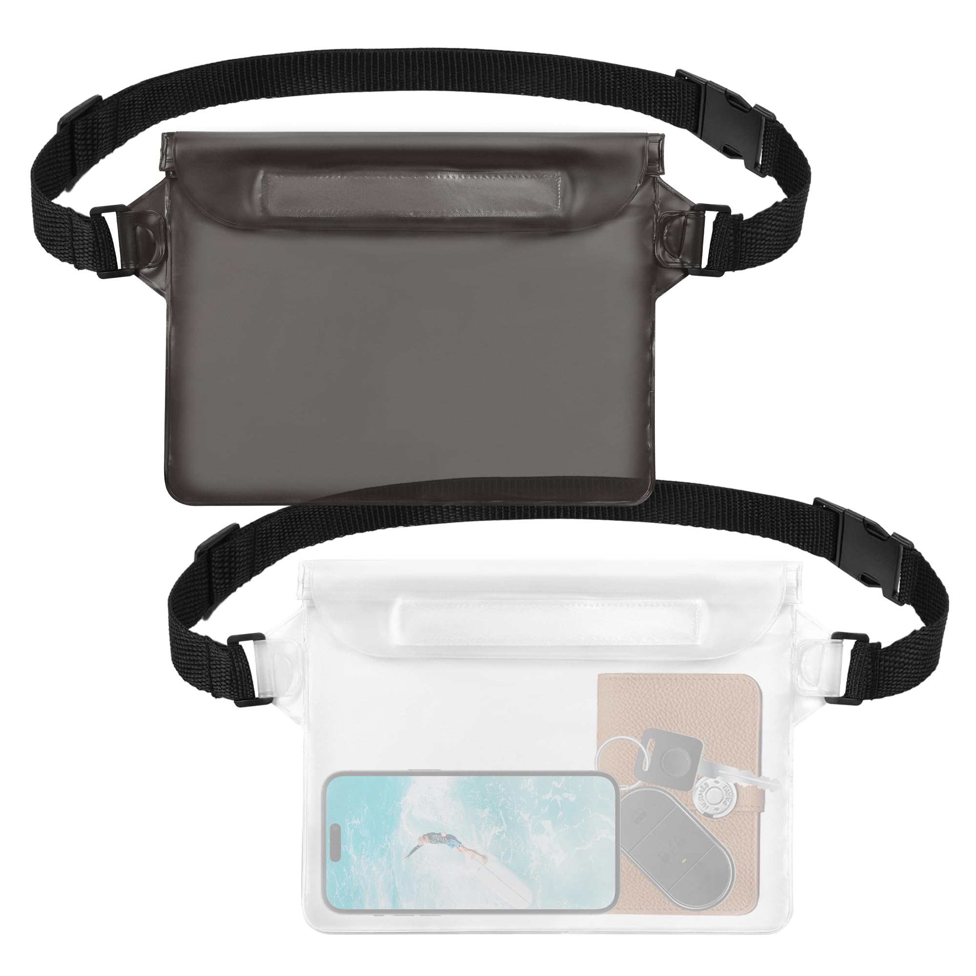 jealkip 2-Pack Waterproof Pouch with Adjustable Waist Strap, Waterproof Dry Bag, Keeps Cell Phones and Valuables Safe and Dry, Perfect for Kayaking, Beach, Camping and Swimming (Black + White)