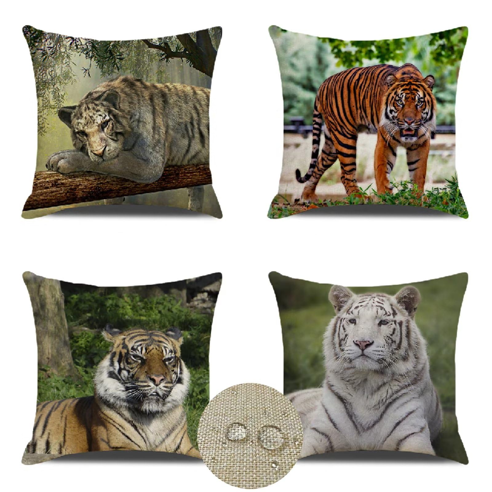 Verde Fundas Cojines Sofa 80x80cm Cuadradas Doble Cara Lino Verano Impermeable Funda Cojin Animal Tigre Exterior Almohada Cojines Decorativos para Cama Sala Estar Fundas de Cojín Juego de 4 R-7248
