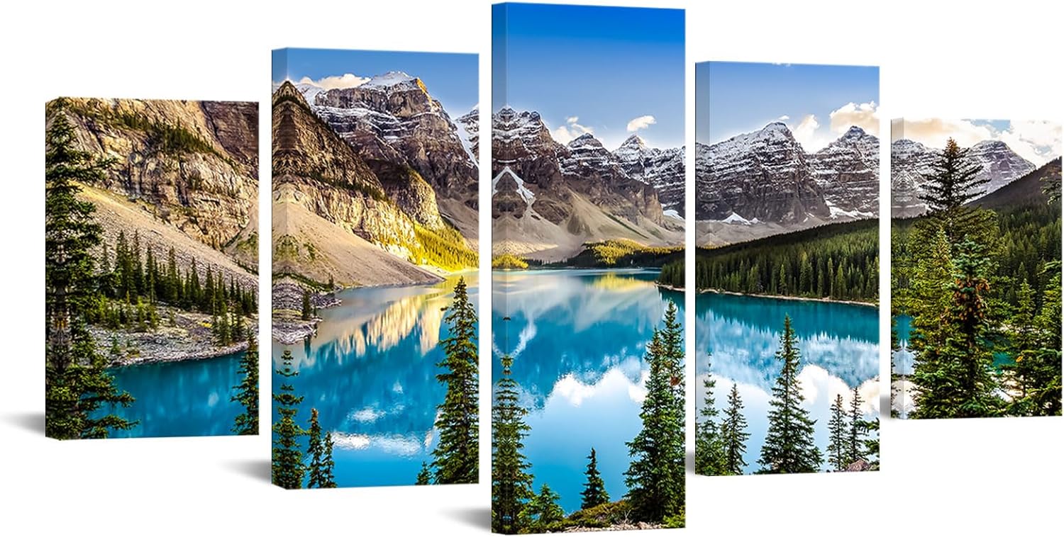 Kreative ArtsX-Large 5 Pieces Canvas Prints Wall Art Canada Moraine Lake And Rocky Mountain Landscape Pictures Modern Canvas Painting Giclee Artwork For Home Decoration 80x40
