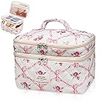 Makeup bag, Large Cosmetic Bag for Women Girls, Cute Quilted Makeup Bags, Floral Coquette Aesthetic Toiletry Bag, Travel Make Up Organizer Bag (Pink)