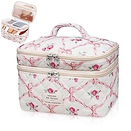 Makeup bag, Large Cosmetic Bag for Women Girls, Cute Quilted Makeup Bags, Floral Coquette Aesthetic Toiletry Bag, Travel Make Up Organizer Bag (Pink)