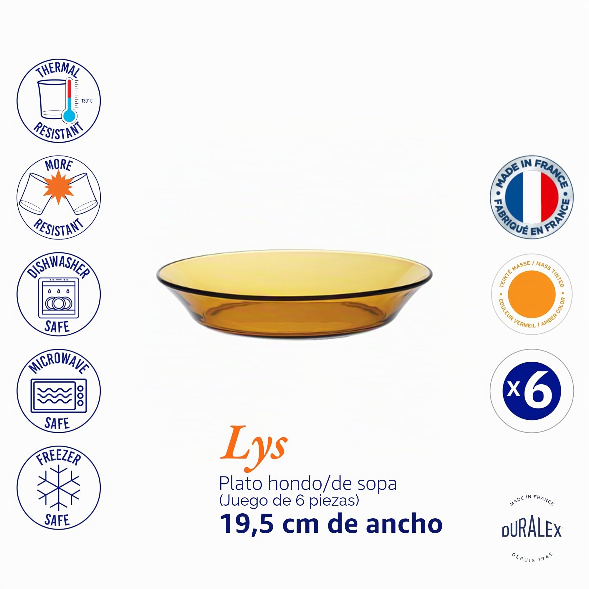 Duralex - Plato de Vidrio Hondo Lys Ambar, 19,5 cm, 6 unidades