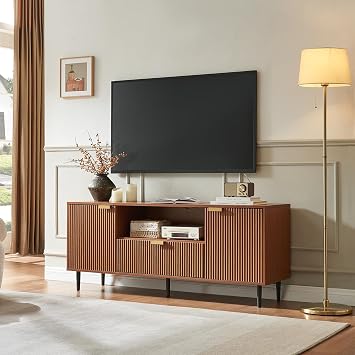 Okvnbjk Modern Fluted TV Stand for 65 Inch TVs with Drawer, Walnut | Modern fluted TV stand with drawer, storage cabinets, soft-close hinges and cable management, perfect for living rooms