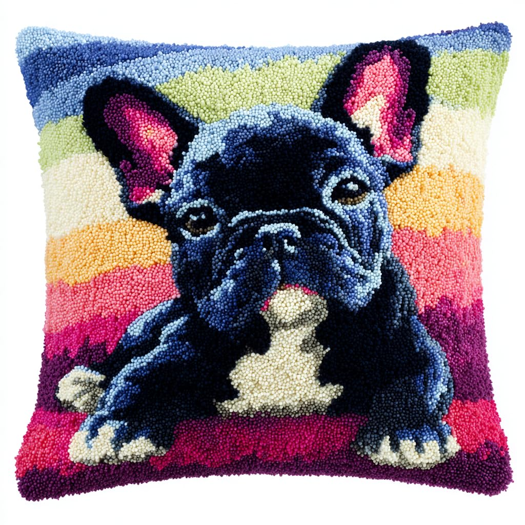 ANSIWEIGO Dog Latch Hook Kit – French Bulldog – 43x43 cm DIY Cushion Cover for Adults & Kids – Rug Making Kit with Pre-Cut Yarn, Canvas & Tool – Dog Craft Pillow Kit