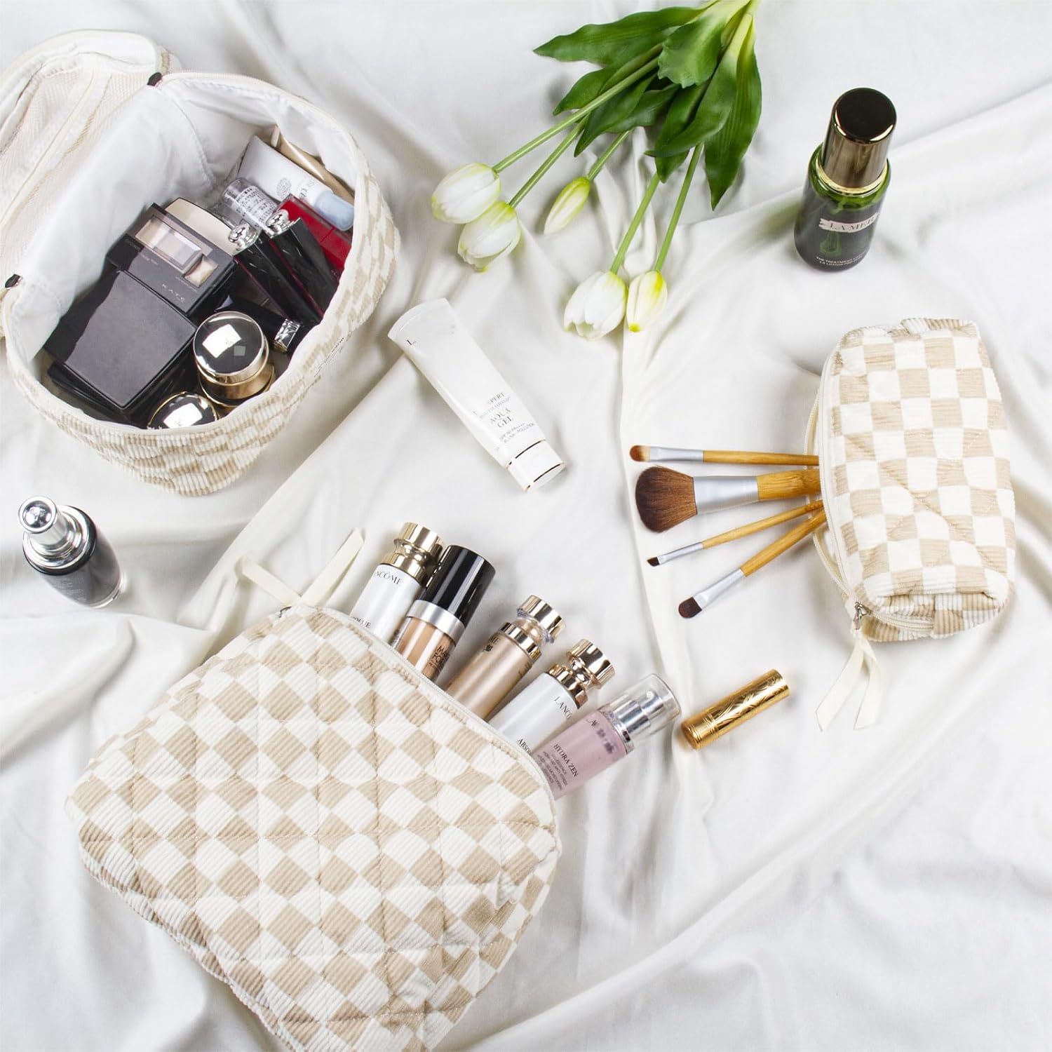 Quilted Makeup Bag Set, 3Pcs Large Checkered Corduroy Cosmetic Bags, CuteFloral Cotton Coquette Makeup Bag Toiletry Zipper Pouch Bag for Women and Girls - Image 6
