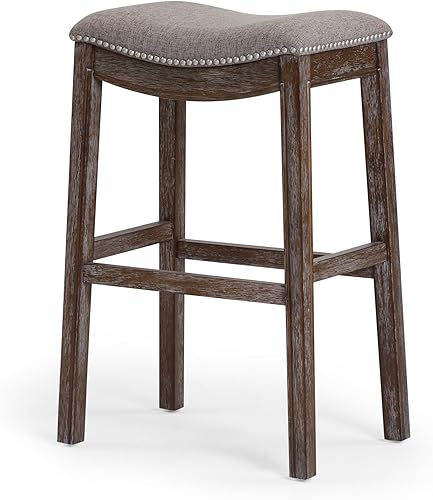 Miniatura 14 de New Ridge Home Goods Julian Taburete de bar de madera sin respaldo de 31 pulgadas, marco espresso con asiento tapizado negro Asiento de piel