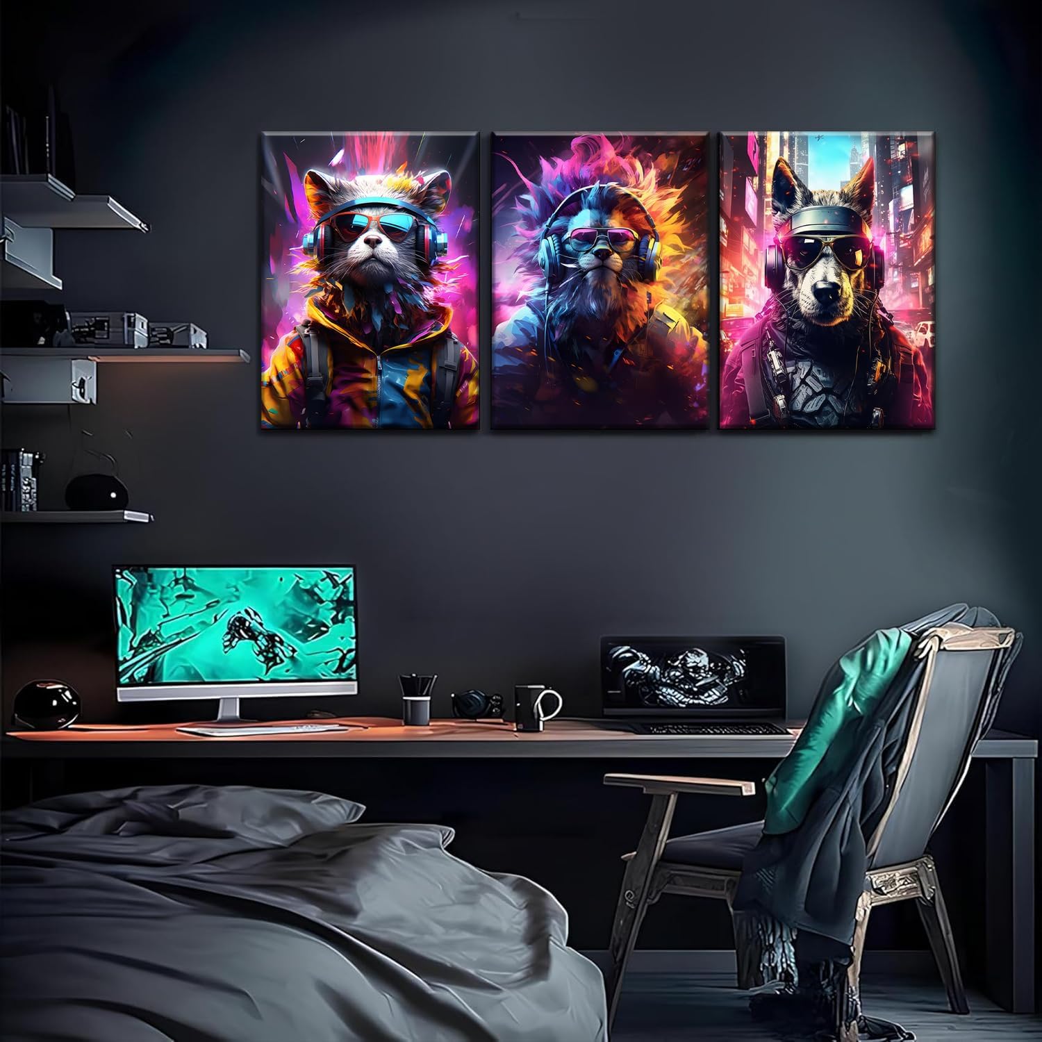 Yolbcdr Game Room Decor Gaming Posters Video Game Wall Art Prints Set of 3 Cool Cyberpunk Animal Painting Pictures Gamer Wall Decor for Boy Teen Men Bedroom Bathroom Playroom 16x24in Framed