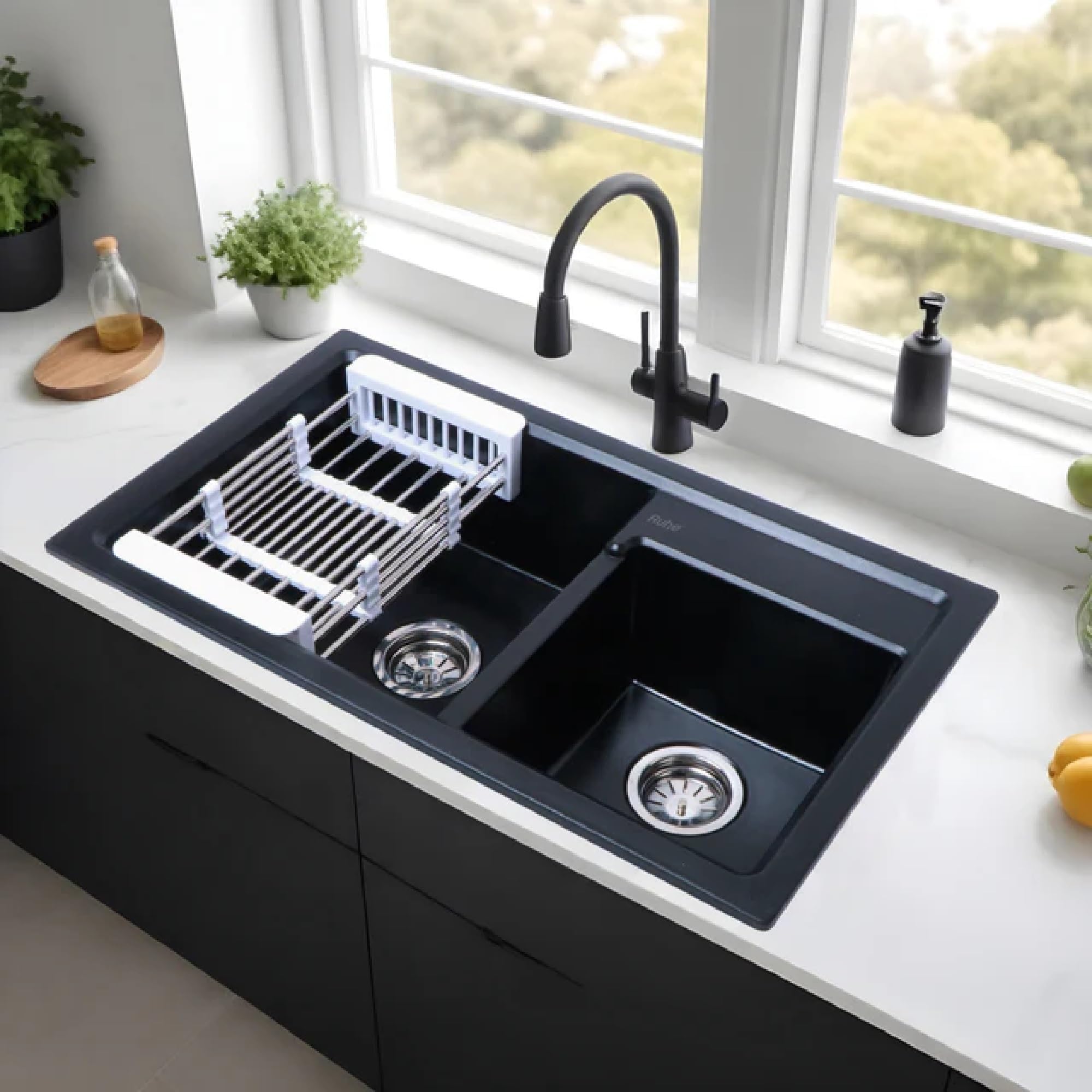 Ruhe® Matte Black Quartz Double Bowl Kitchen Sink - 31x18x9 inches| Durable & Scratch-Resistant Kitchen Sink | Granite Sink with Couplings, Waste Pipe, Sink Connector & Vegetable Washing Basket