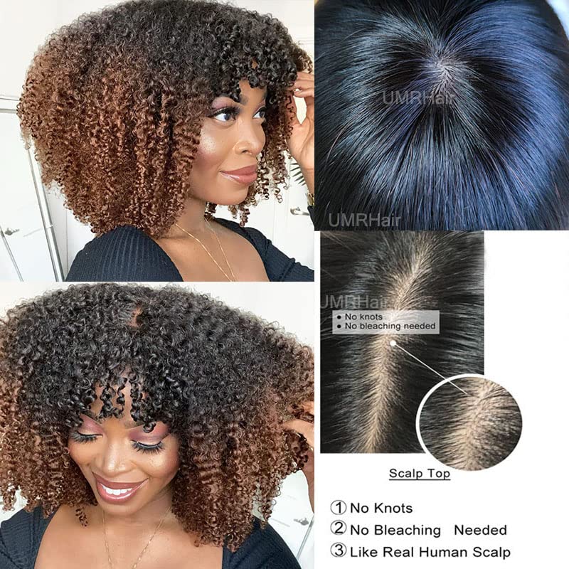 Omber Brown Curly Wigs for Black Women Human Hair No Lace 1b/30# Human Hair with Bangs Fake Scalp Top Flutty Short Curly Wig with Baby Hair (14inch, 130Density)