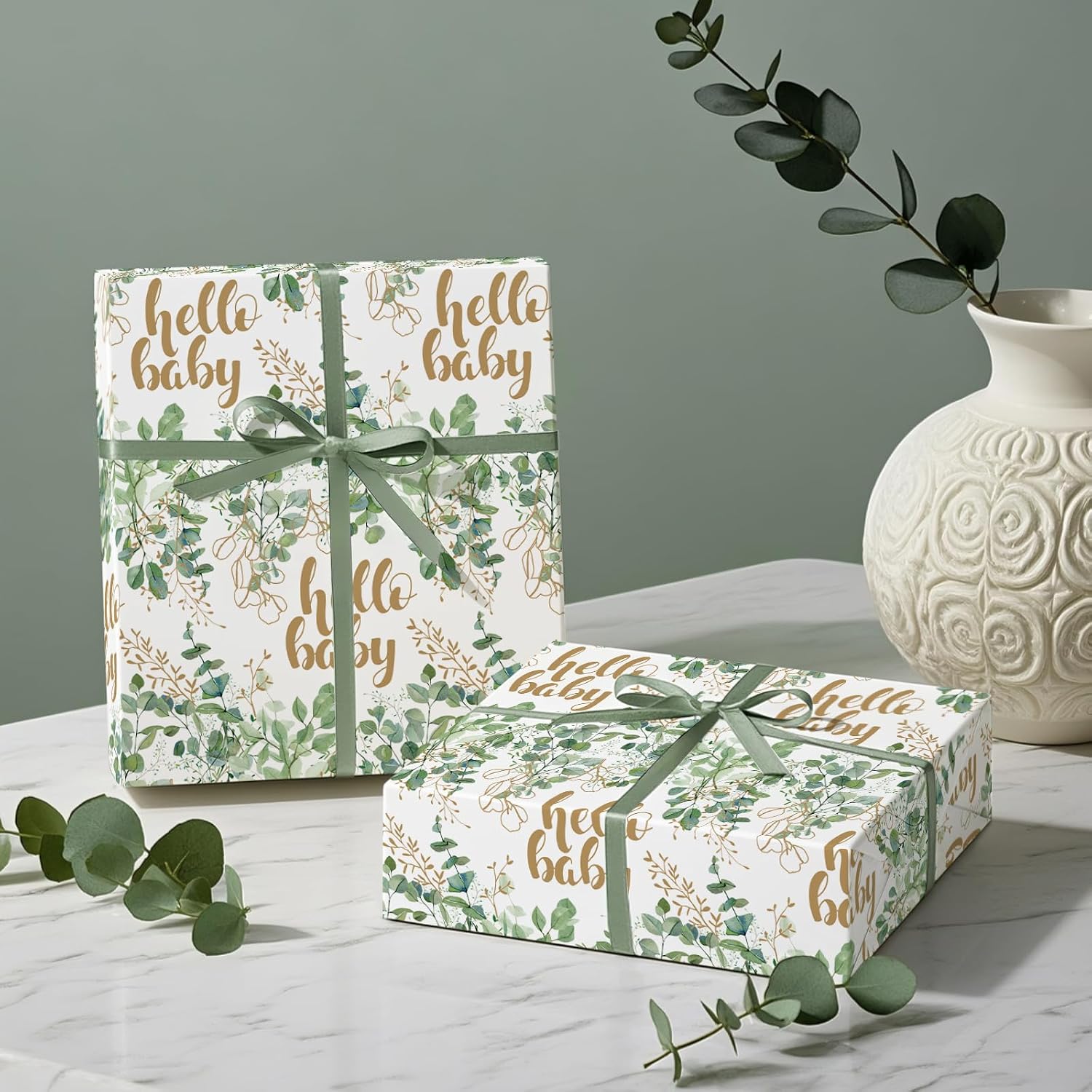 WRAPAHOLIC Neutral Baby Shower Wrapping Paper - Mini Roll - 17 Inch x 16.5 Feet - Hello Baby Eucalyptus Sage Green Wrapping Paper for Baby Shower, Baptism Gift Wrap, Kids Birthday