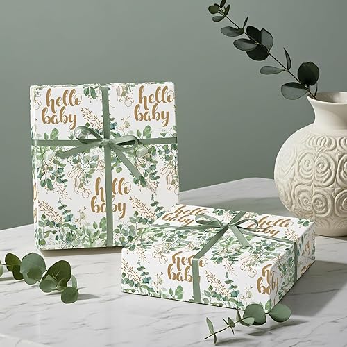 Miniatura 6 de WRAPAHOLIC Papel de regalo neutro para baby shower, mini rollo, 17 pulgadas x 16.5 pies, papel de regalo verde salvia de eucalipto Hello Baby para