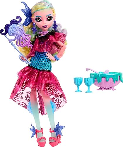 Miniatura 4 de Monster High Muñeca Monster Ball, Lagoona Blue en vestido de fiesta con accesorios temáticos que incluyen globos y ponchera