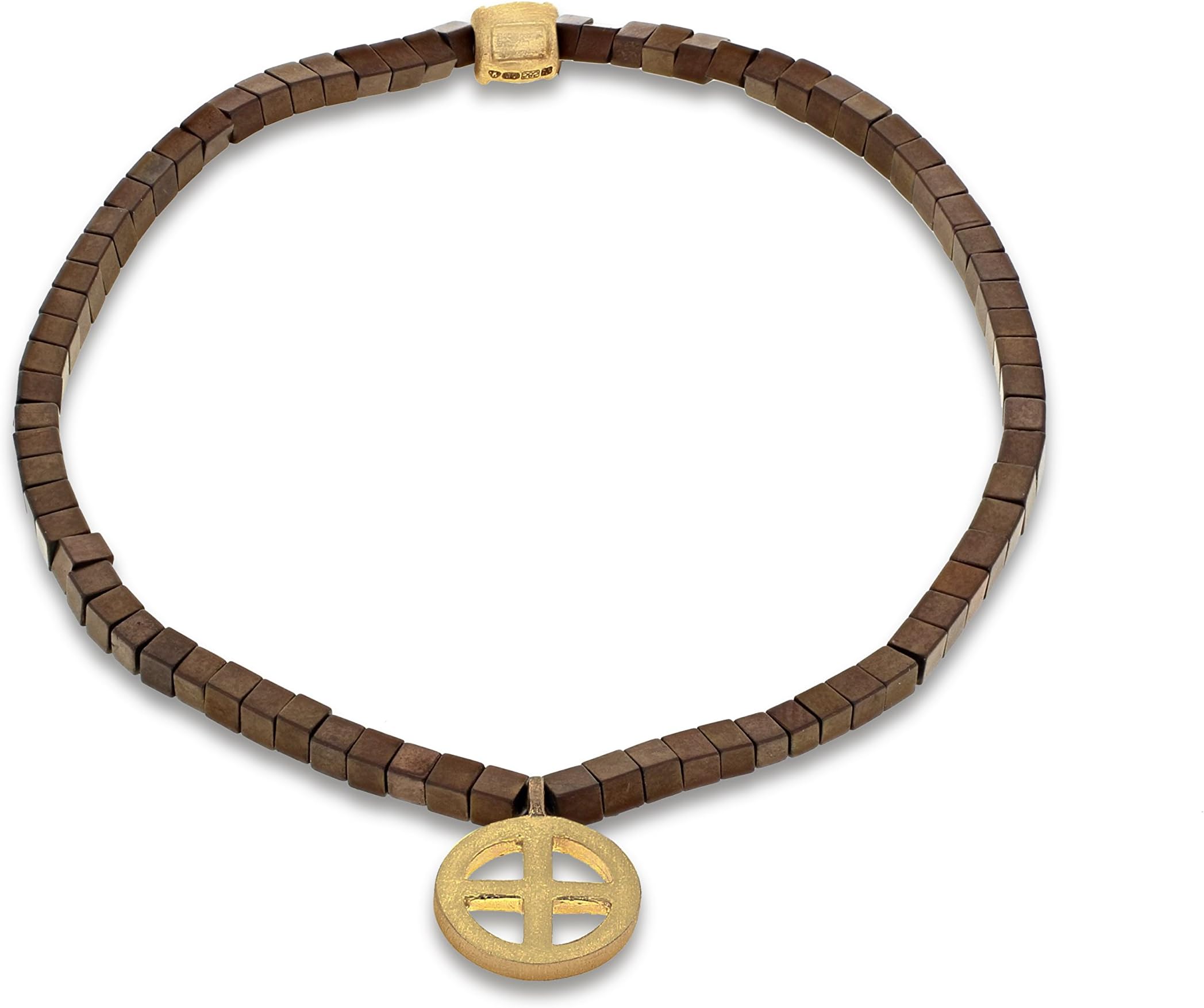 LUIS MORAIS Men's 14ct Yellow Gold Small Hanging Sun Cross and Striped Brown Beads Bracelet of Length 19.05-28.8cm