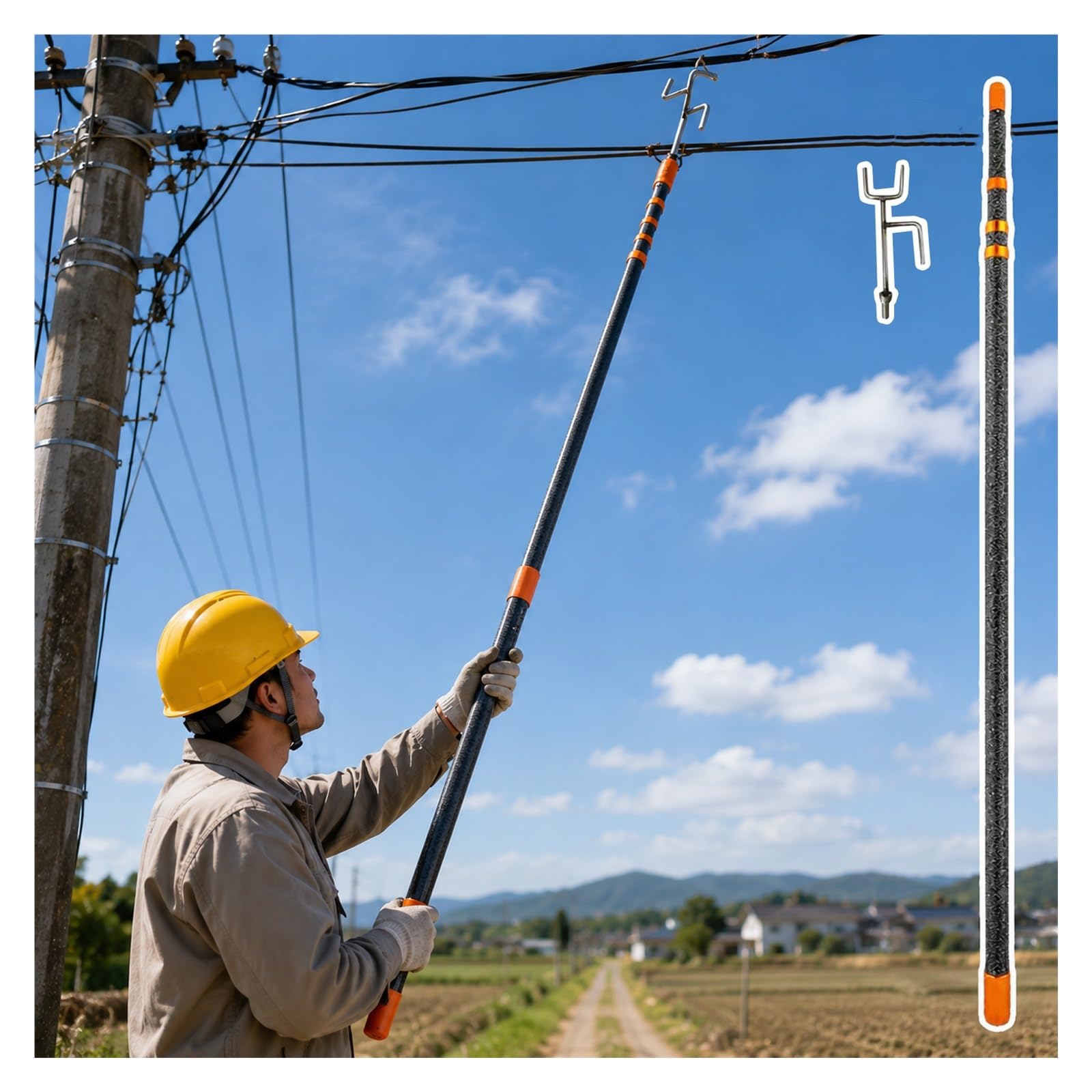 MZZKFC Insulated Operating Rod for Electrical Maintenance，45KV High-Voltage Fiberglass Hot Stick with Hookhead，7 13 16 23 26 30ft Insulation Telescopic Pole(B-type head,3.0m/9.8 ft)