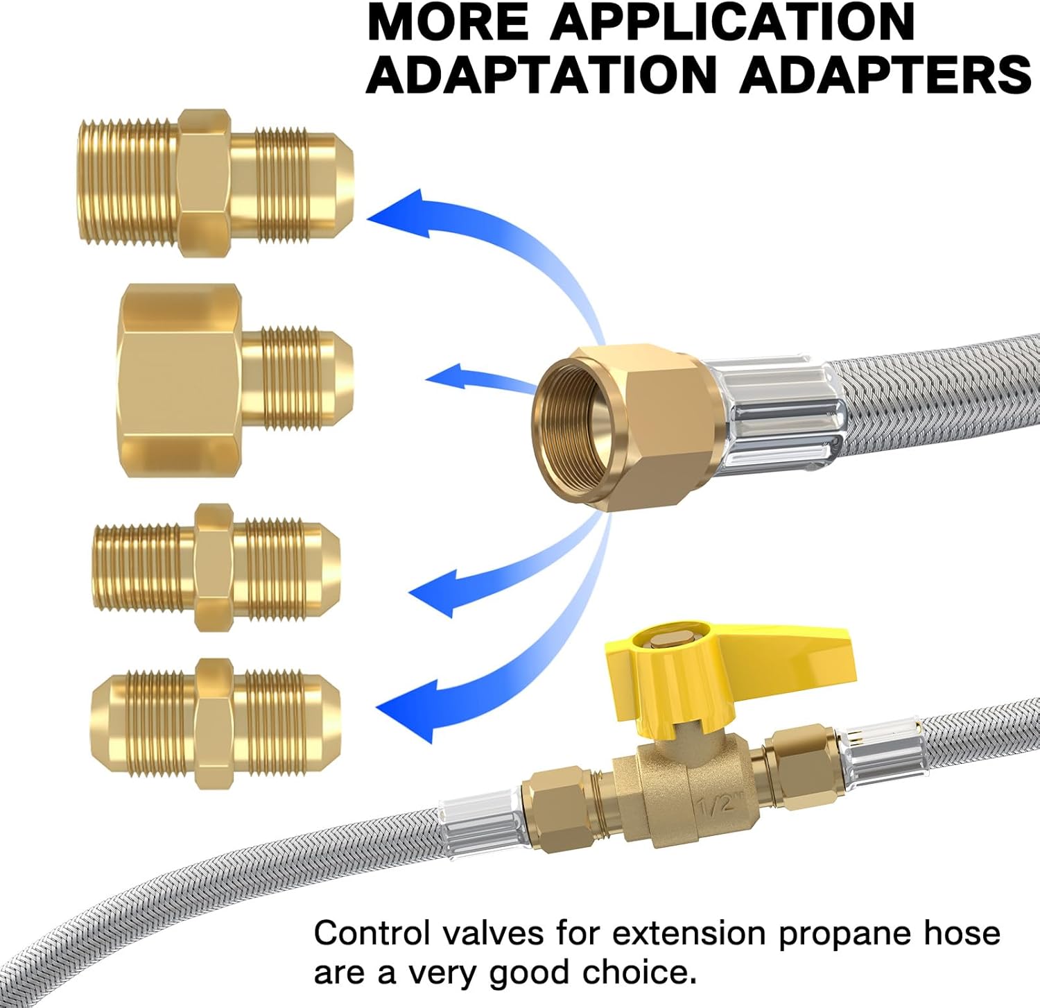 20Ft High Pressure Braided Propane Hose Extension with Fittings -Conversion Coupling includes 3/8" Flare to 1/2" Female NPT, 1/4" Male NPT, 3/8" Ball Valve Switch for BBQ Grill, Fire Pit Heater