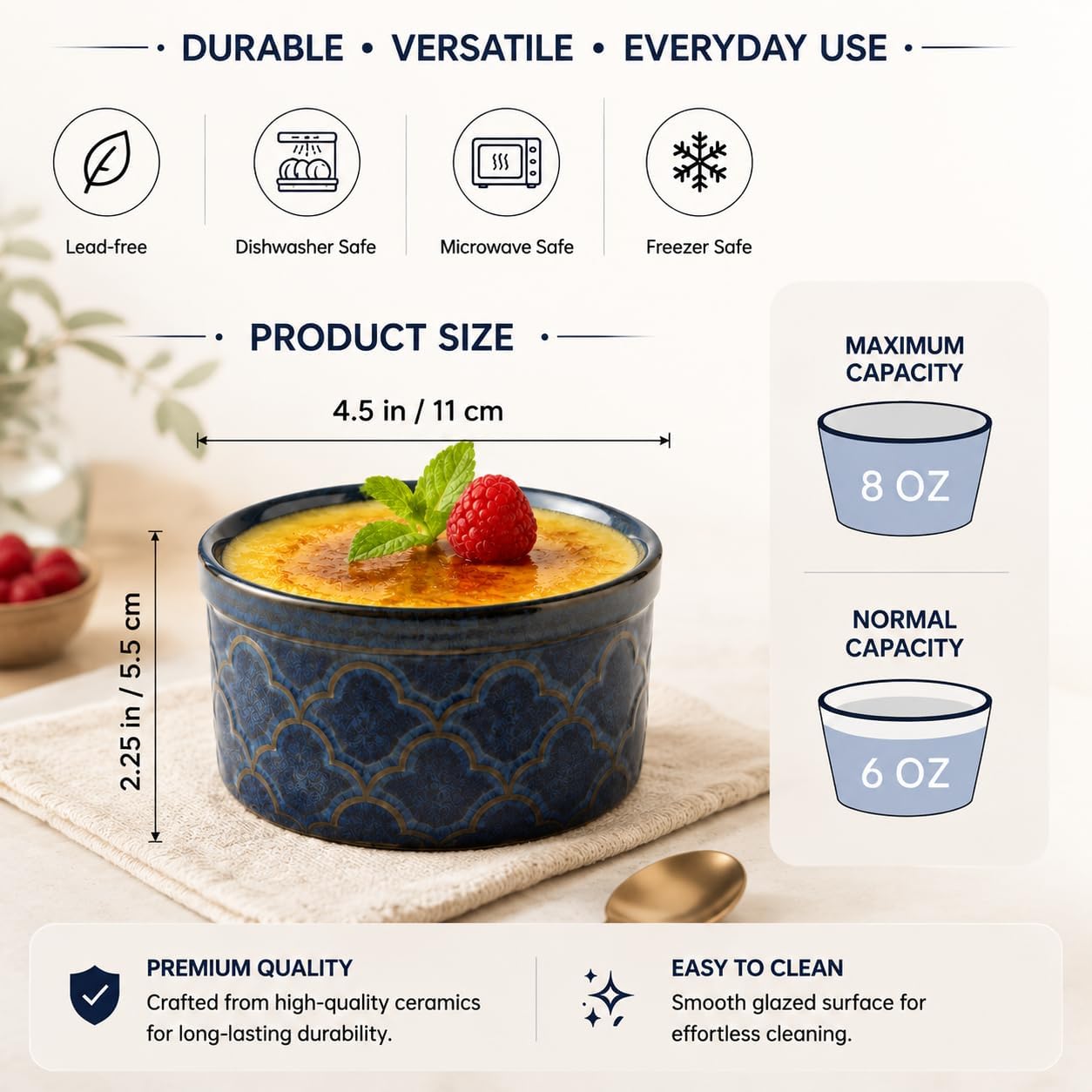 Ramekins Oven Safe, 8 oz Ramekin, Ceramic Dipping Bowls Set of 6