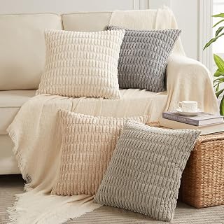 Fancy Homi 4-Pack 18x18 Striped Corduroy Throw Pillow Covers - Soft Plush Neutral Boho Farmhouse Decor