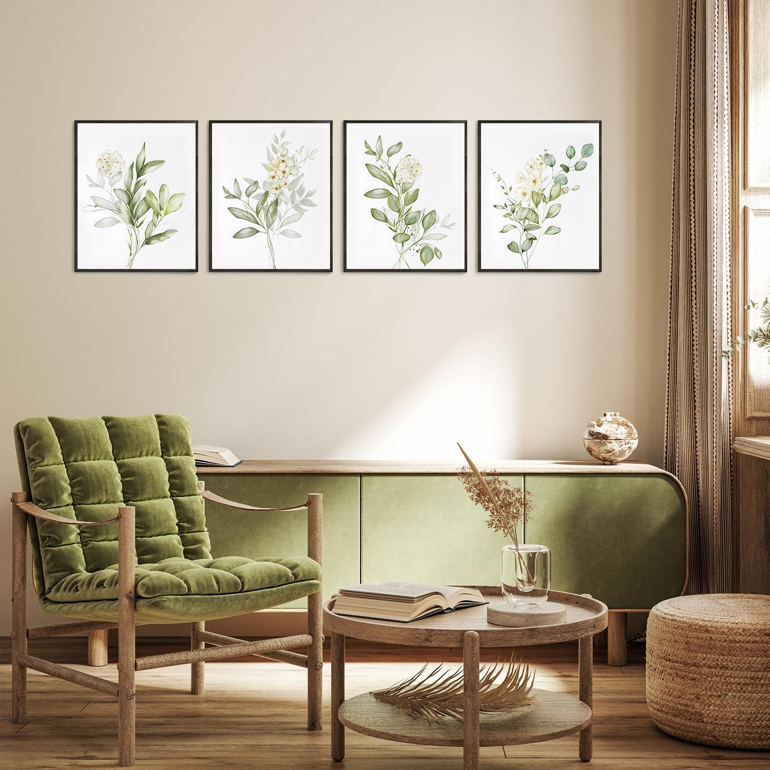 Dazzlewall 4Pcs Botanical Watercolor Flower Art Prints, Sage Green Plants Wall Art Decor, Minimalist Leaves Picture for Bedroom Bathroom Decor 8x10 in Unframed