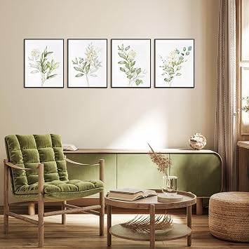 Dazzlewall 4 Pcs ألوان مائية نباتية زهرة الفن المطبوعات، حكيم النباتات الخضراء جدار الفن الديكور، أوراق الحد الأدنى صورة لغرفة النوم حمام ديكور 8 x10 في غير مؤطرة