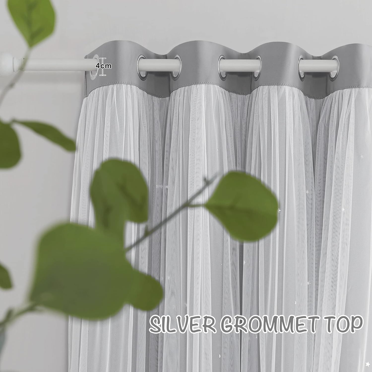 Pony Dance Blackout Curtains for Nursery - Stars Cutout Decor for Bedroom Aesthetic Window Treatment Double Layer Drapes Sheer Overlay, W 52 x L 84 Inches, Silver Grey, 2 Panels