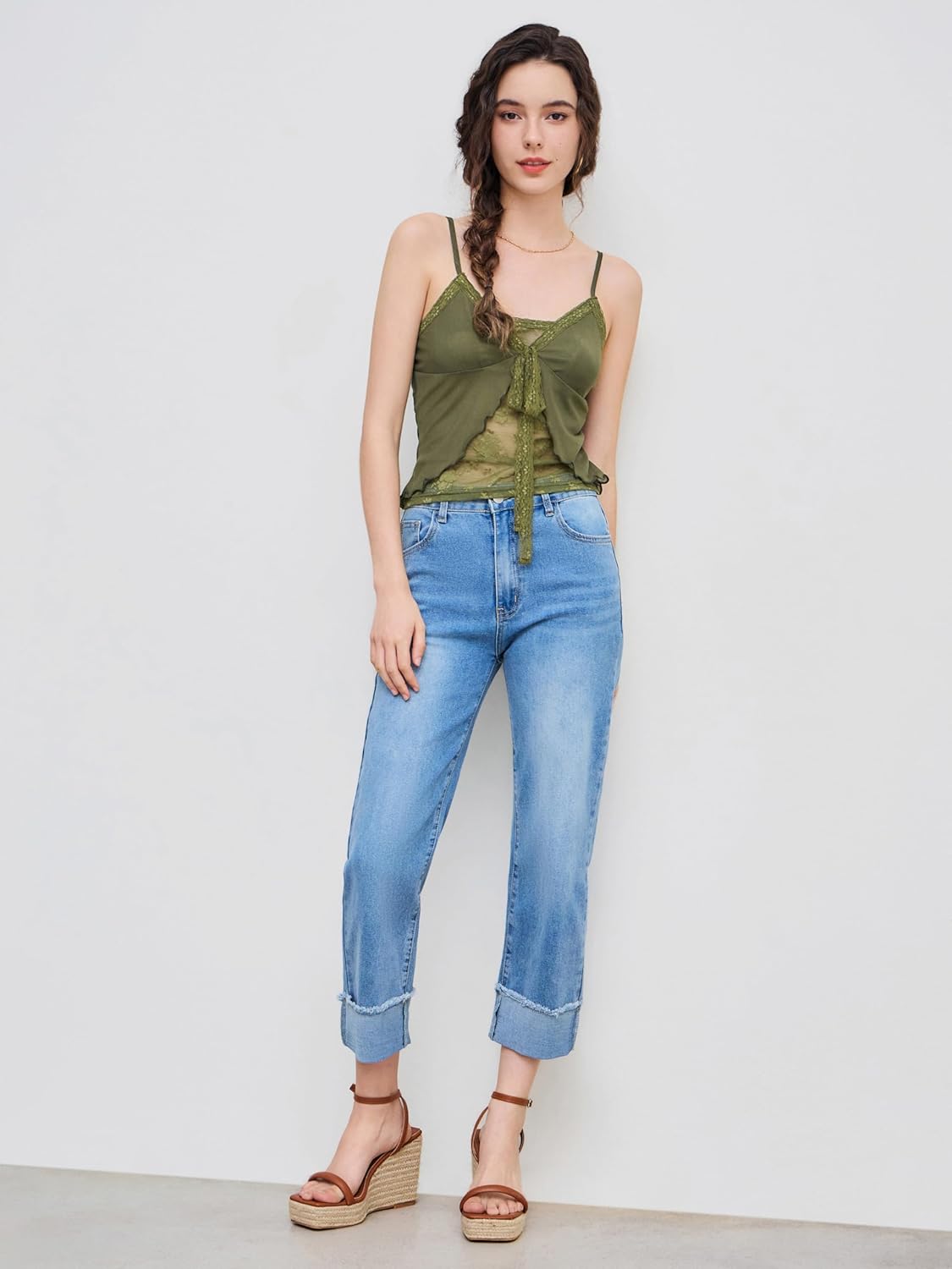 CIDER Tank Top Lace Trim Cami Y2K V Neck Sleeveless Knotted Going Out Top Lace Strap - Image 5