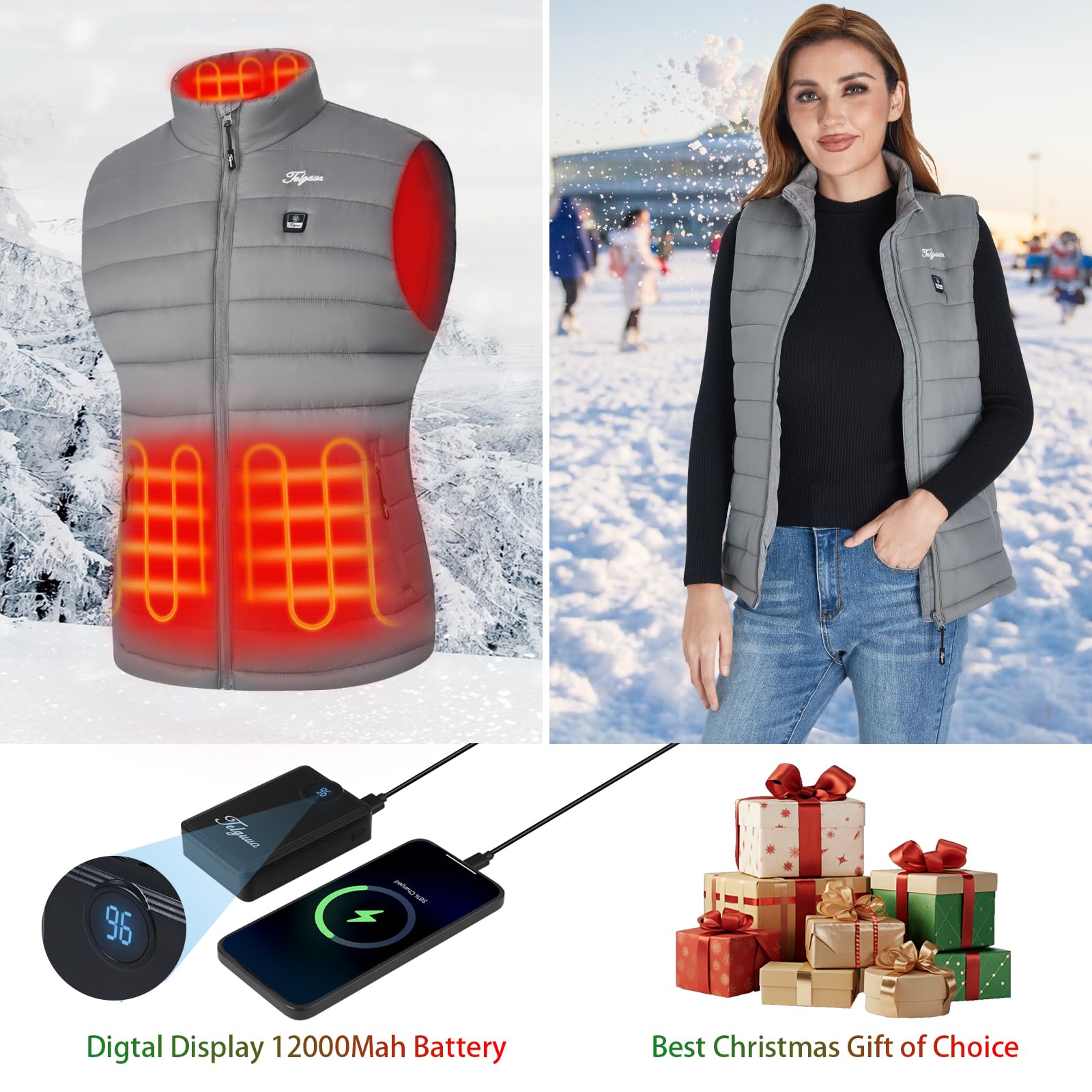 Telguua Chaleco Calentado Mujer, Chaleco Térmico Calefactable con Batería Incluida de 12000mAh 5V, 3 Niveles de Temperatura Ajustable, ropa Calentada Eléctrica invierno,al aire libre,Esquí,ciclismo