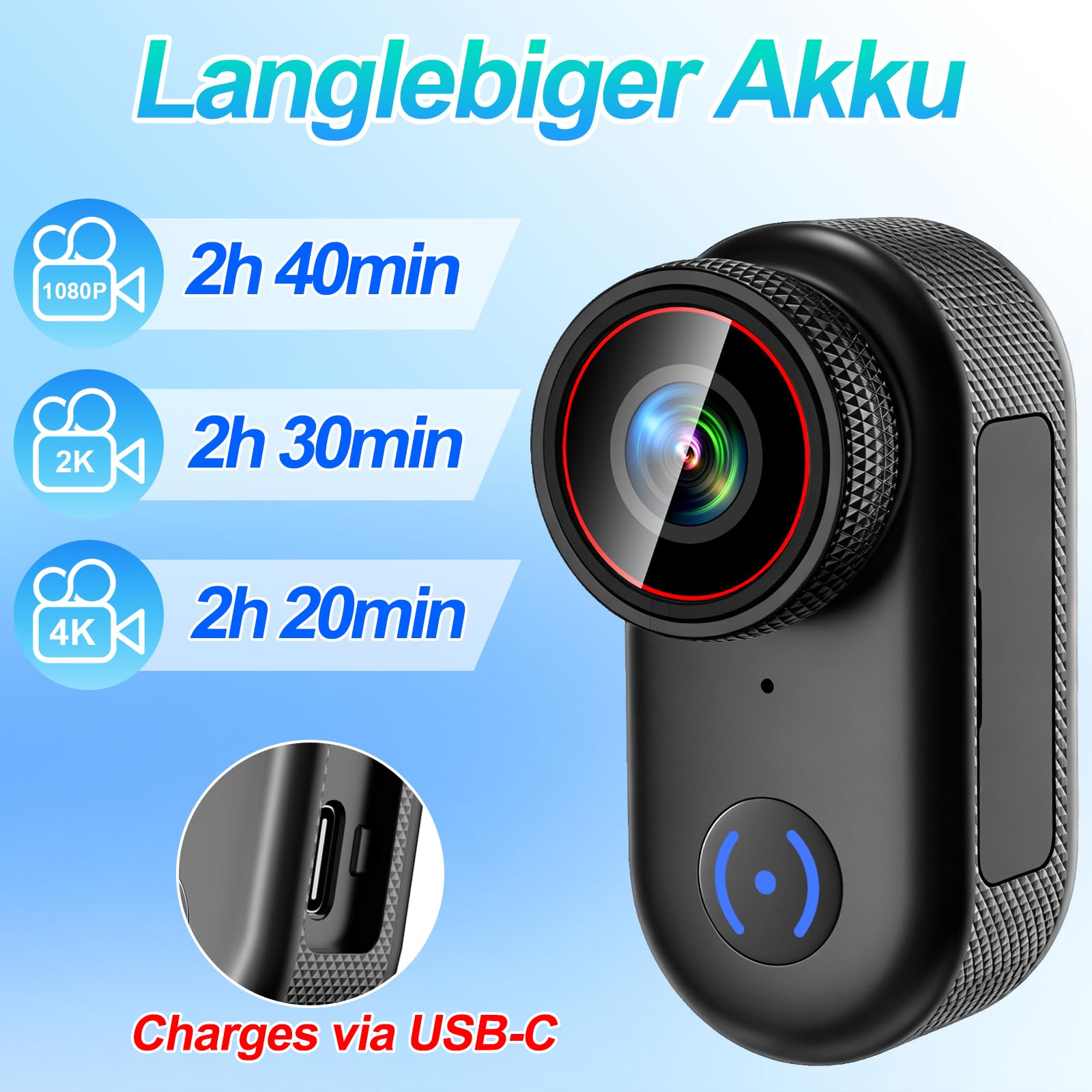 Mini Action Kamera 4K 44g Helmkamera Bodycam Motorrad Outdoor | 1,47 Zoll Display, Vertikalmodus, 140° Weitwinkel, IP65, Nackenband, für Helm Lenker Rucksack