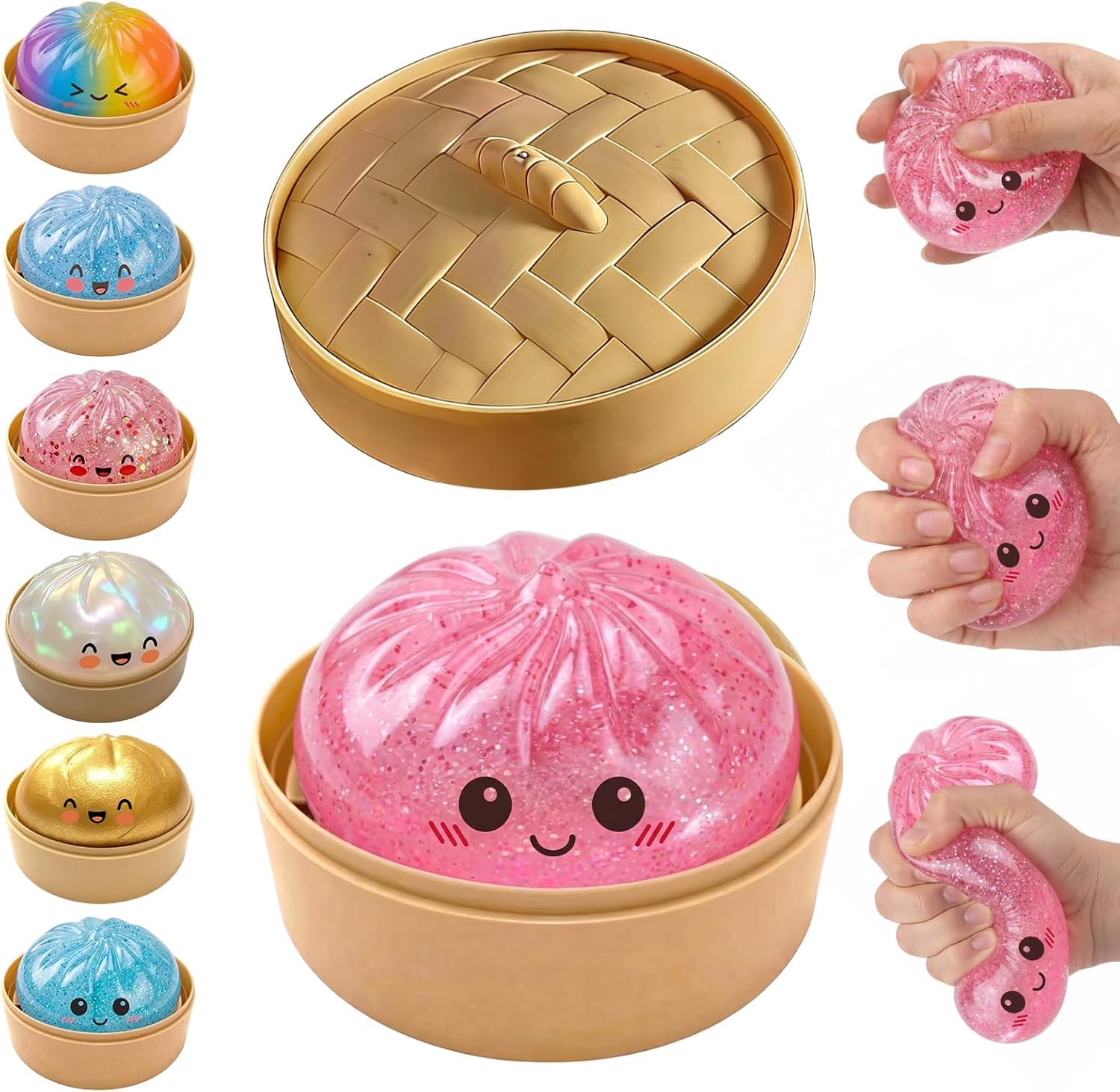 Pink Giant Dumpling Squishy with Steamer Box, Soft Giant Dumpling Fidget Mystery Bao Bun Ball Jumbo Large Squeeze Dough for Adults Birthday Holiday Present (red)