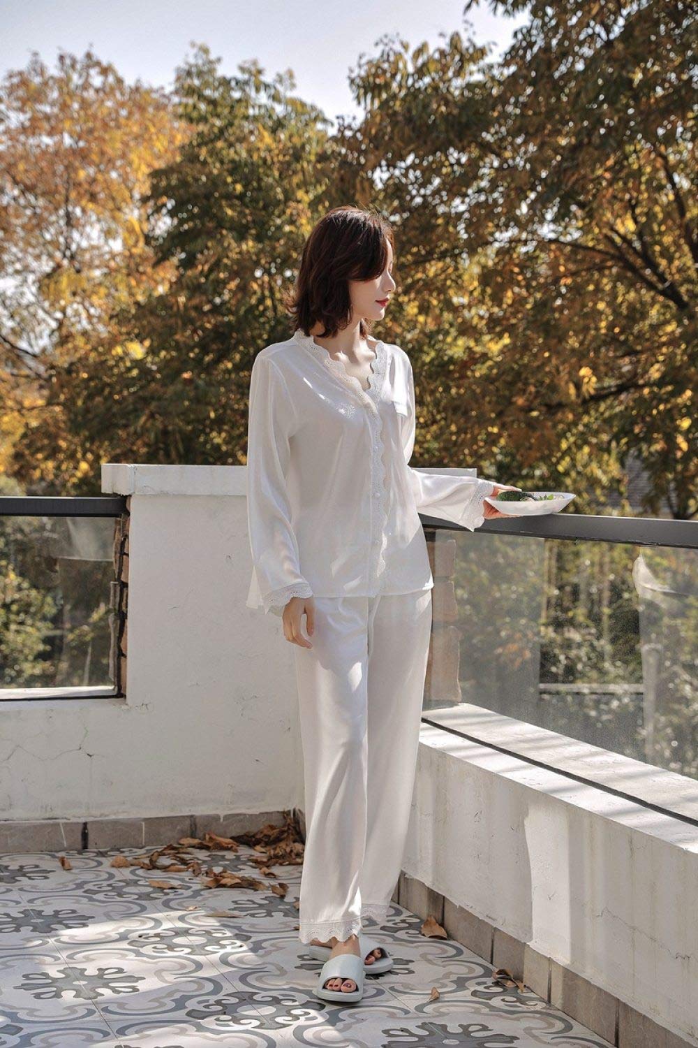 Pijamas De Mujer,Conjunto De Pijama De Seda Elegante De 2 Piezas Con Cuello En V De Satén,Manga Larga,Con Botones, Ropa De Dormir Fina Con Ribete De Encaje,Ropa De Salón De Color Puro Para Damas,Bl