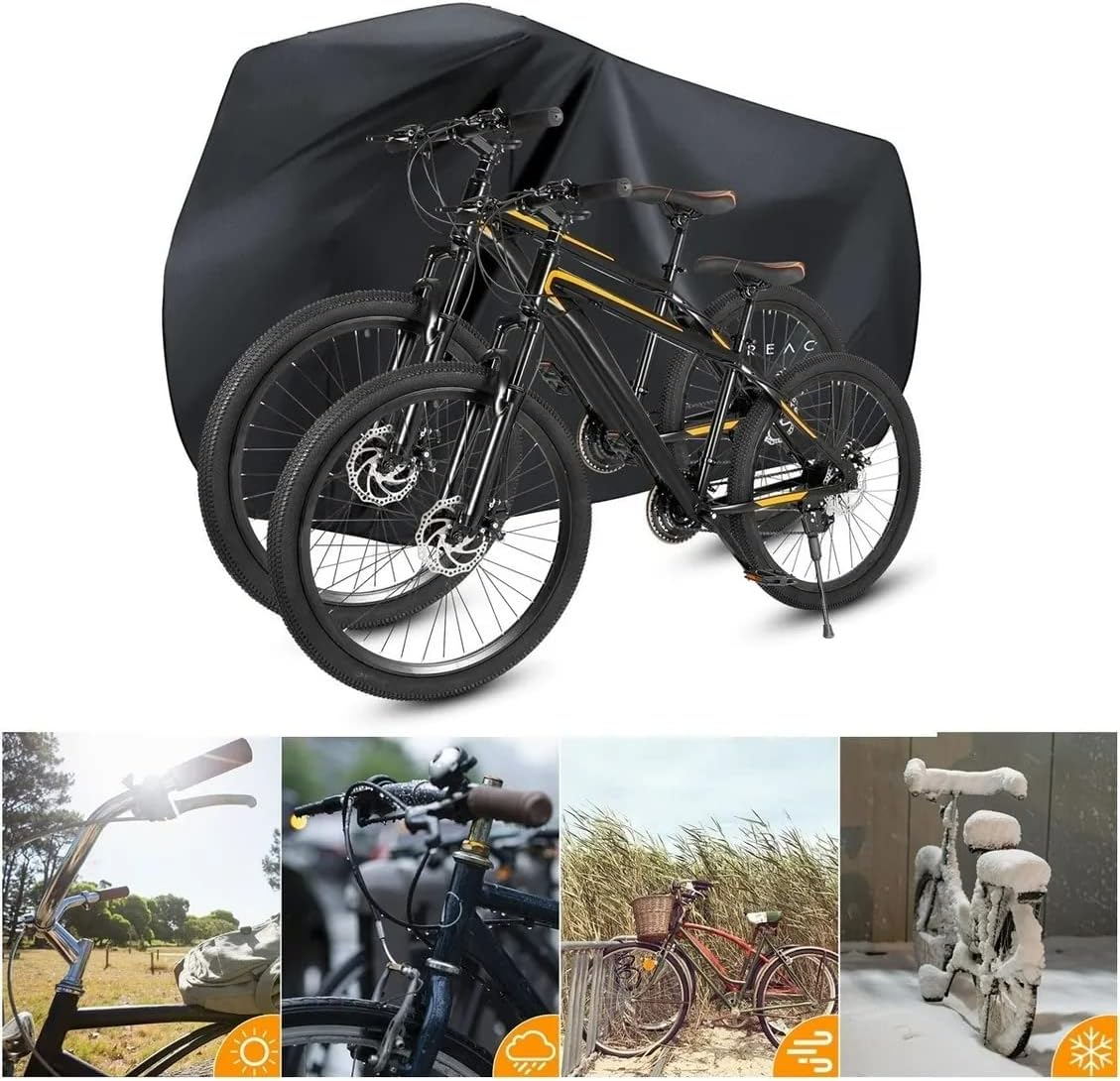 Imagem lateral de bicicletas cobertas com capa em fundo simples.