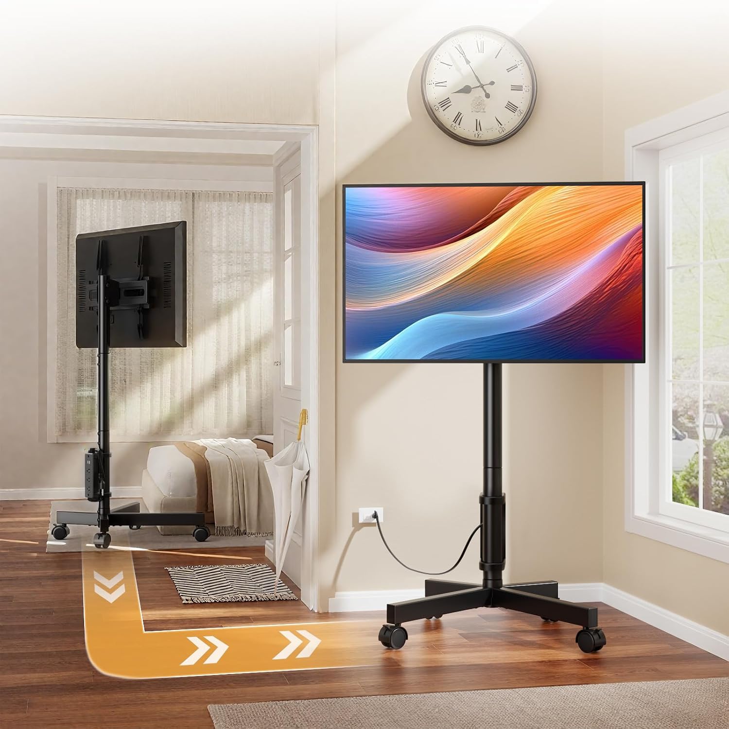 Mobile TV Stand with Power Outlets, Floor Portable TV Stand with Wheels for 23-60 Inch LCD LED OLED Panel Screen TVs with Rotation Socket around the Pole Height Adjustable Tilt , RollingTV Cart Black