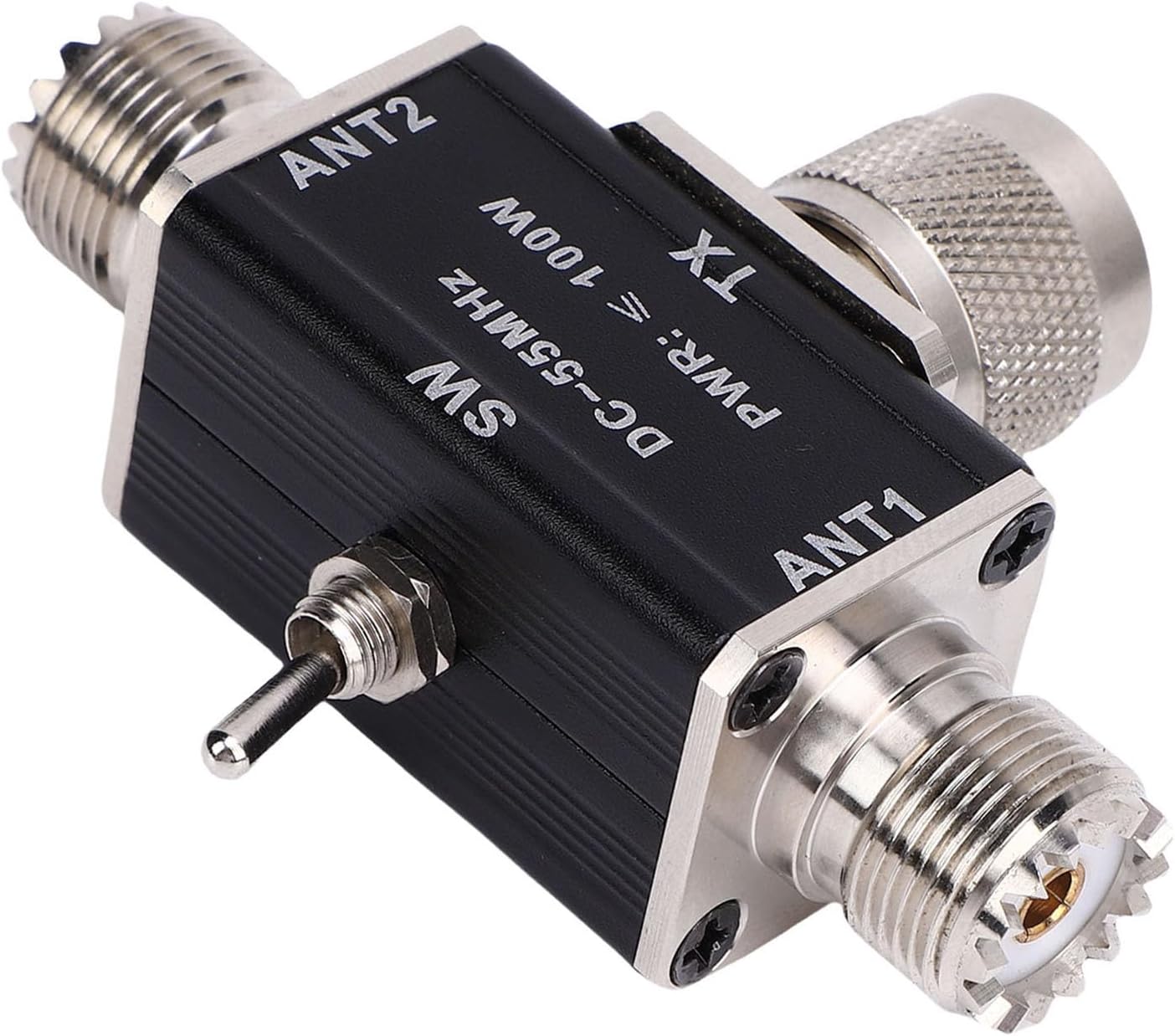 Generic 2-drożny Koncentryczny Przełącznik Antenowy, 1 Wejście 2 Wyjścia 0,55 MHz, 100 W Stop Aluminium ze Złączami Męskimi M żeńskimi TX M, Idealny do Zestawów YouKit, Krótkofalówek CB, VHF i UHF