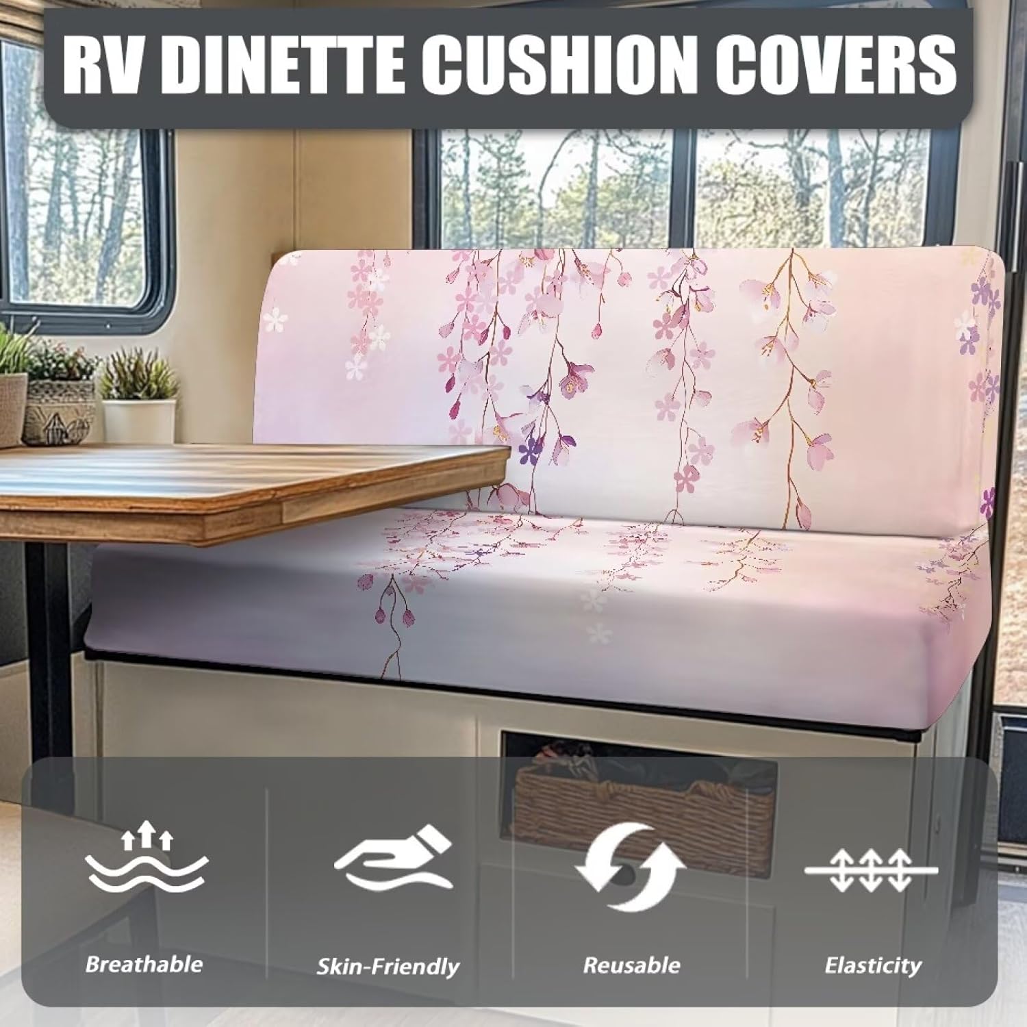 Rv Dinette Cushion Covers Set of 2 Floral Replacement Couch Cushion Slipcovers Travel Trailer Accessories Include 1 Bench Cover & 1 Backrest Cover for Home with Kids